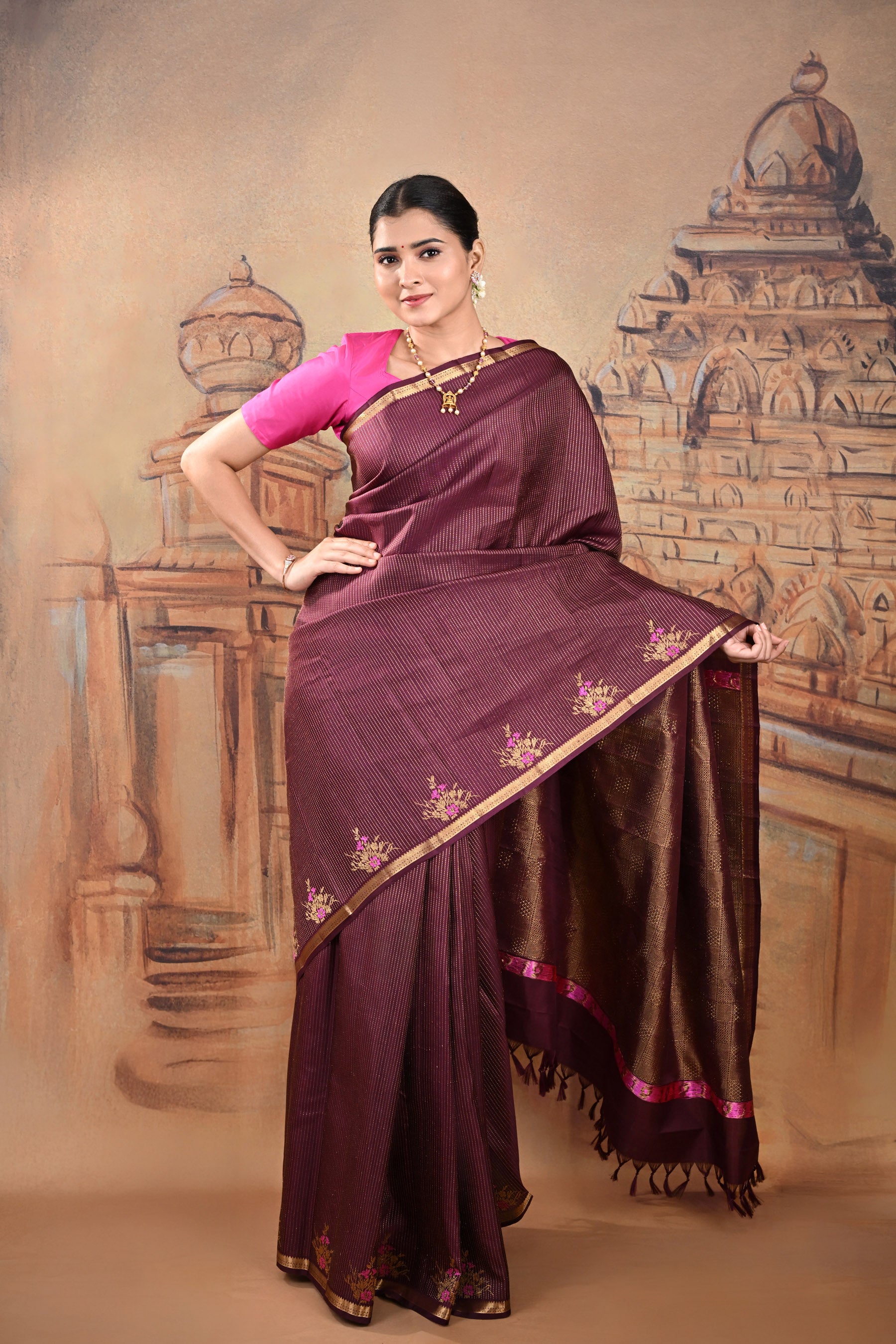 Deep Plum Vintage Kanjeevaram saree with vertical zari lines & Meenakari motifs