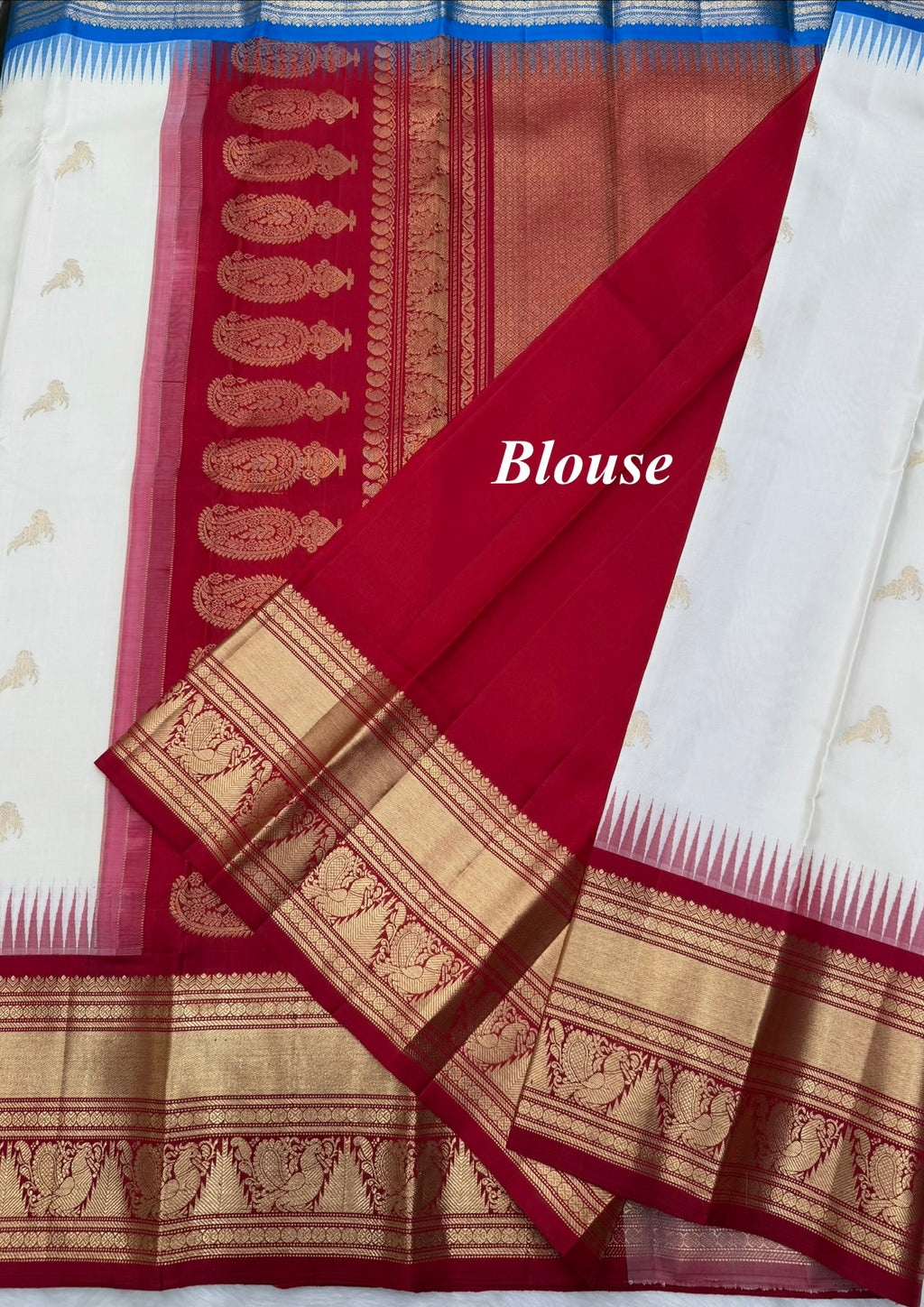 Half White Vintage Ganga - Jamuna Kanjeevaram Saree with Temple Kuttu Maroon & Ananda Blue Border