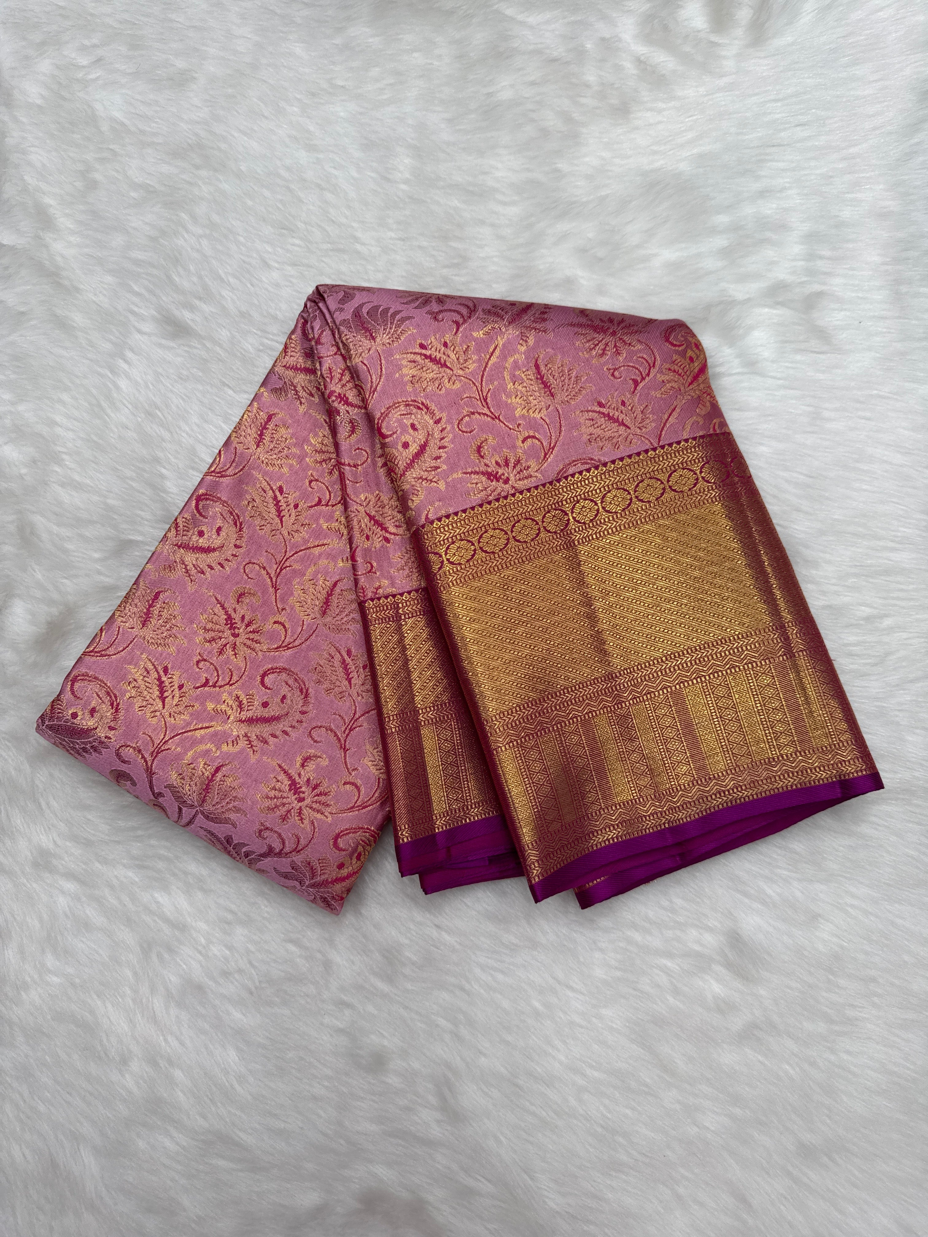 Dusty Mauve Pink with Antique Gold Zari Border and Deep Magenta Selvedge Kanjeevaram Brocade Saree
