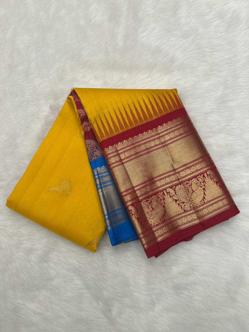 Mambalam Yellow Vintage Ganga - Jamuna Kanjeevaram Saree with Temple Kuttu Maroon & Ananda Blue Border