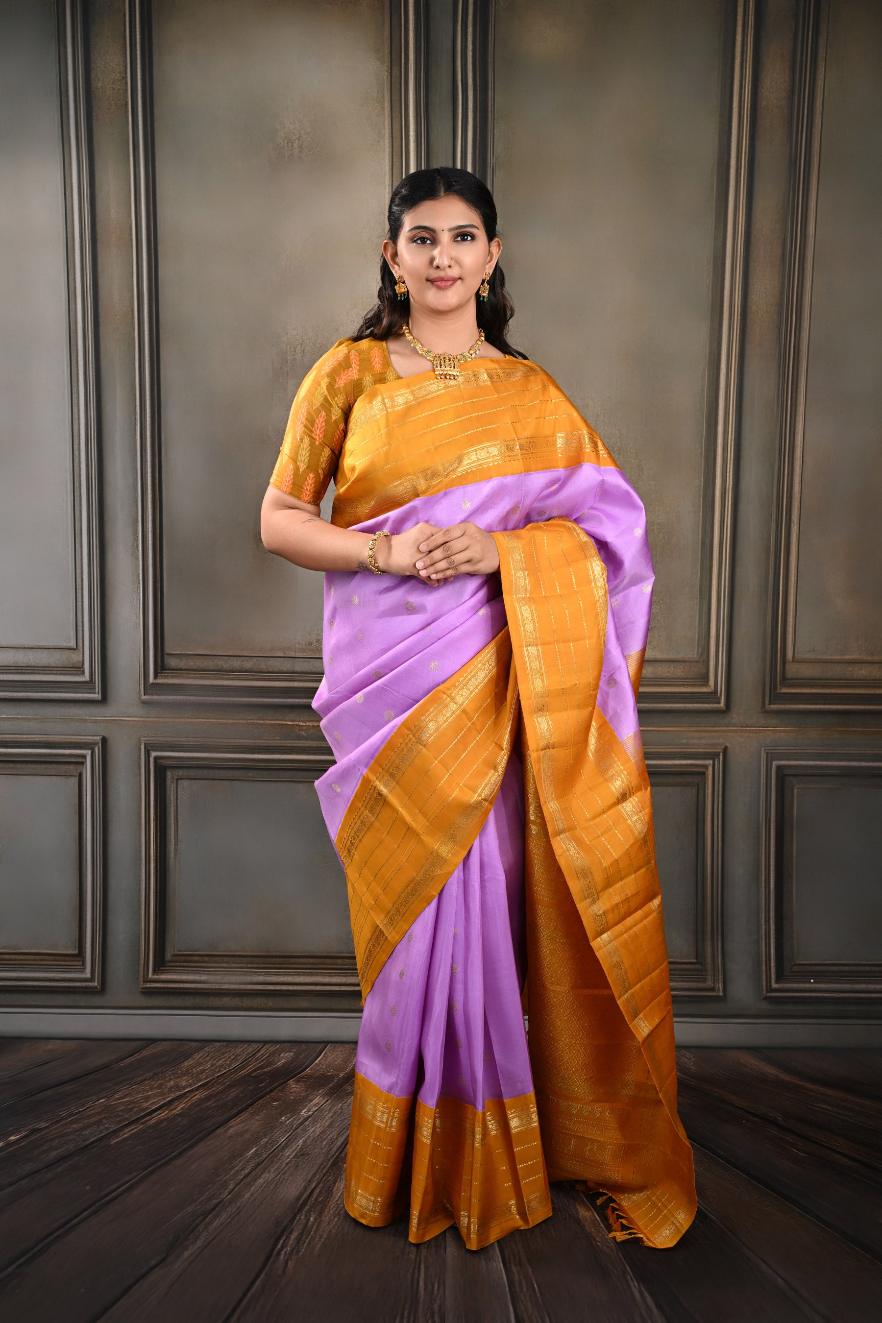 Lilac & Orange Korvai Vintage Kanjeevaram Saree