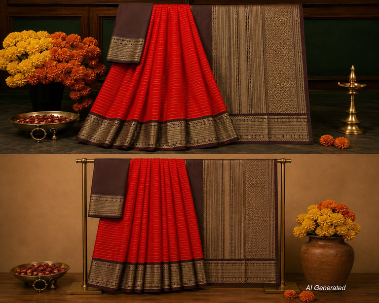 Orange & Coffee Brown Korvai Vintage Kanjeevaram Saree with Traditional Rudraksha Border & Pallu [Recreation]