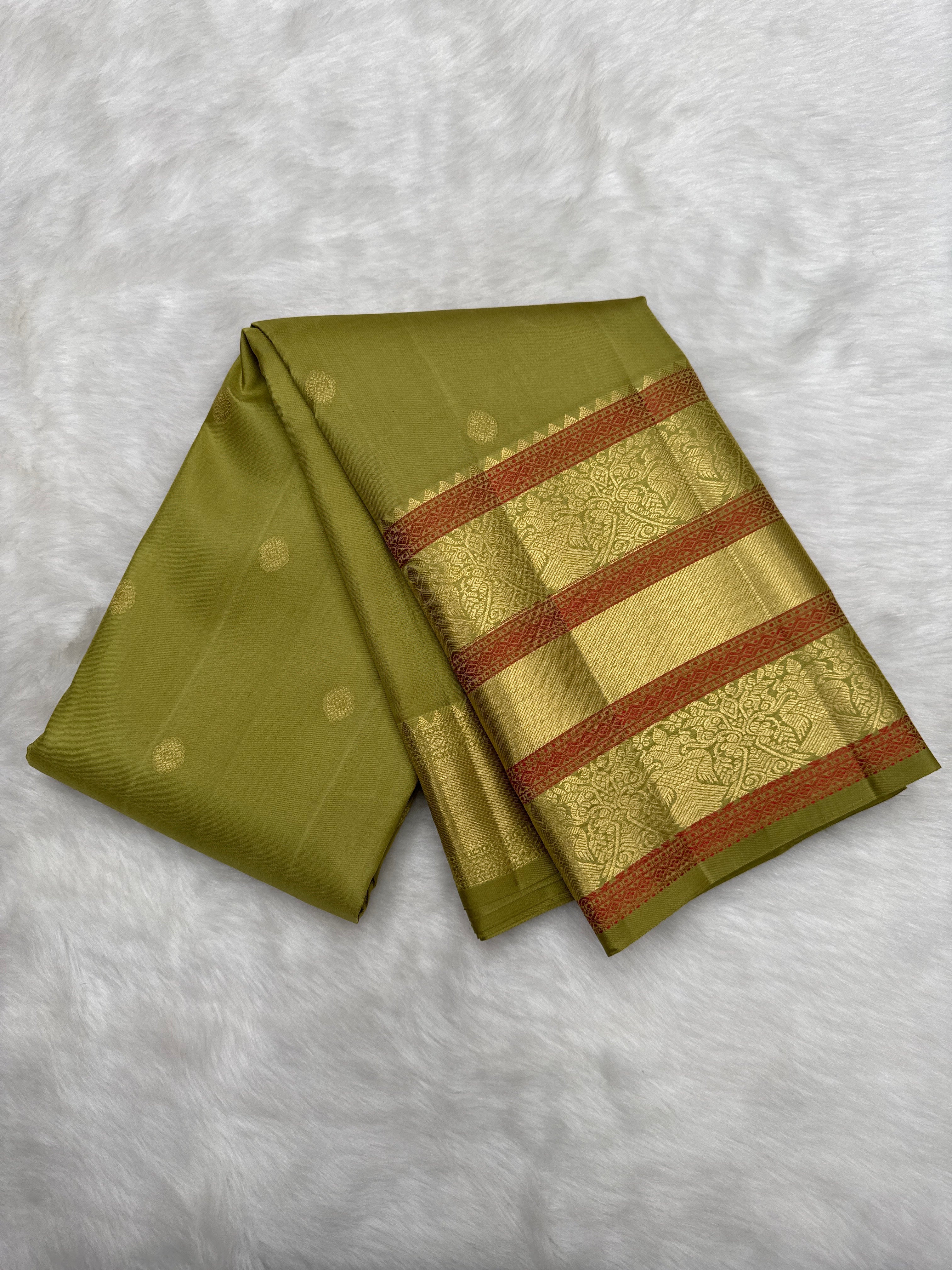 Olive Green Kanjeevaram Silk Saree with Meena border