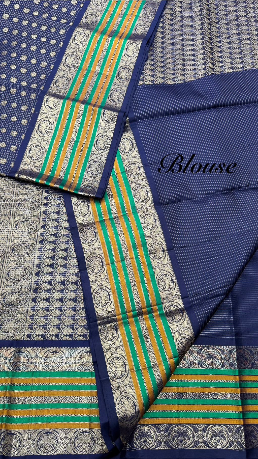 Navy Blue Vintage Kanjeevaram silk Saree with Oosi Checks and (Varisapet / Meena) Border