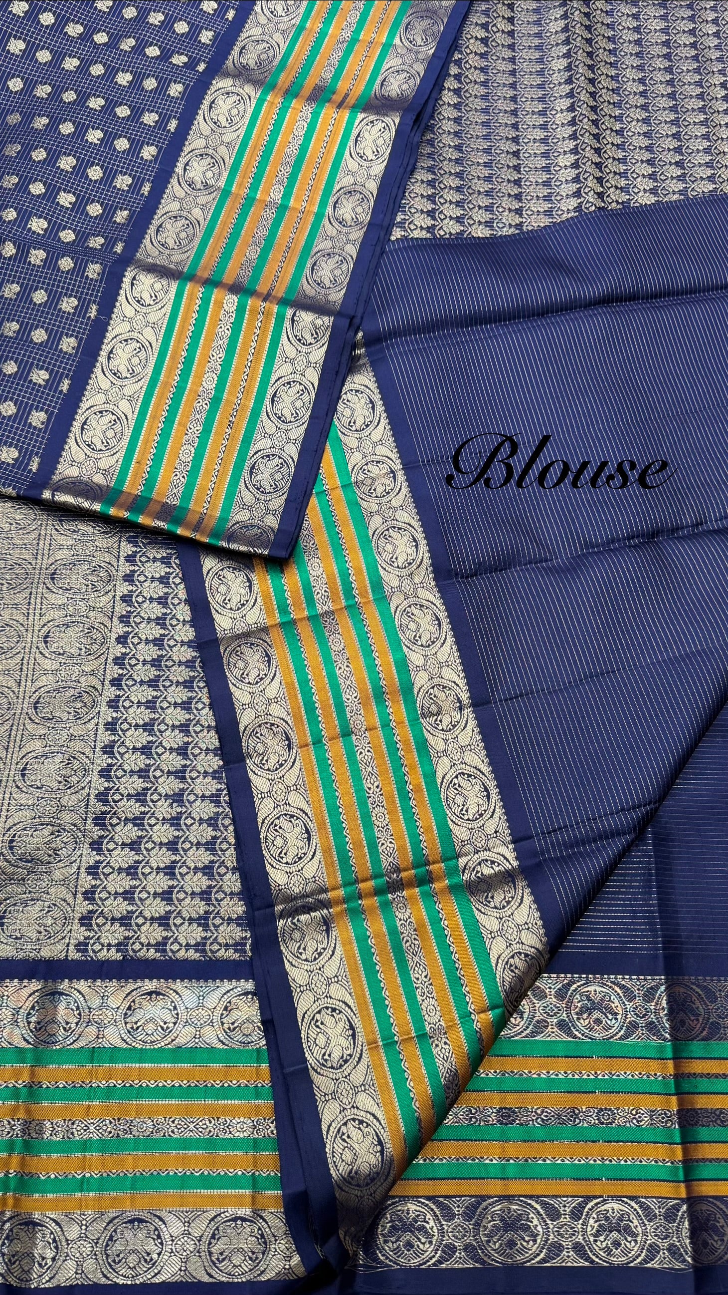 Navy Blue Vintage Kanjeevaram silk Saree with Oosi Checks and (Varisapet / Meena) Border
