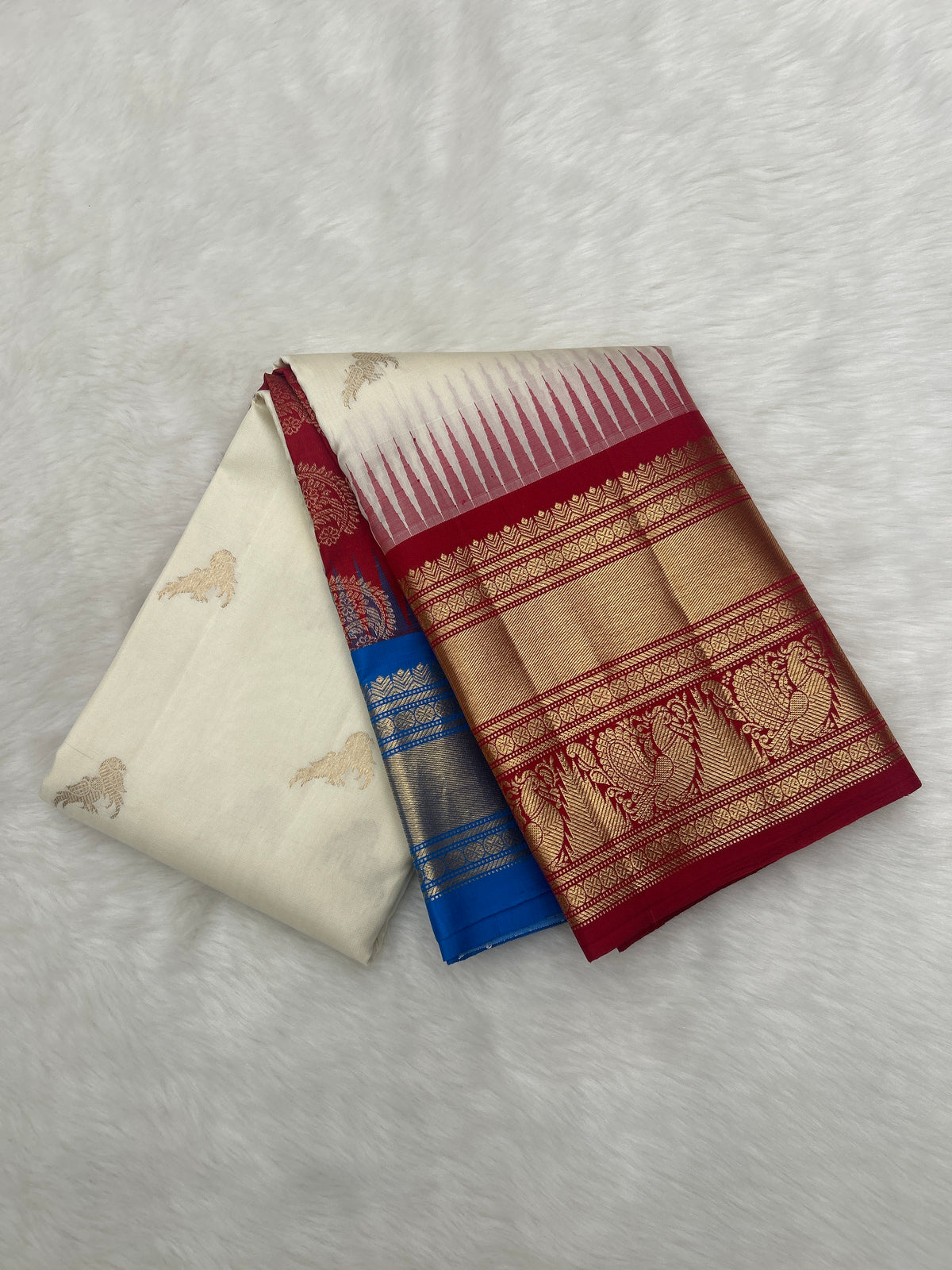 Half White Vintage Ganga - Jamuna Kanjeevaram Saree with Temple Kuttu Maroon & Ananda Blue Border