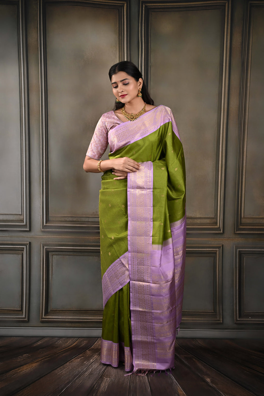 Parrot Green Korvai Vintage Kanjeevaram Saree with Lilac Border
