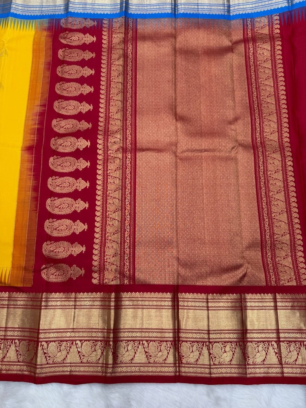 Mambalam Yellow Vintage Ganga - Jamuna Kanjeevaram Saree with Temple Kuttu Maroon & Ananda Blue Border