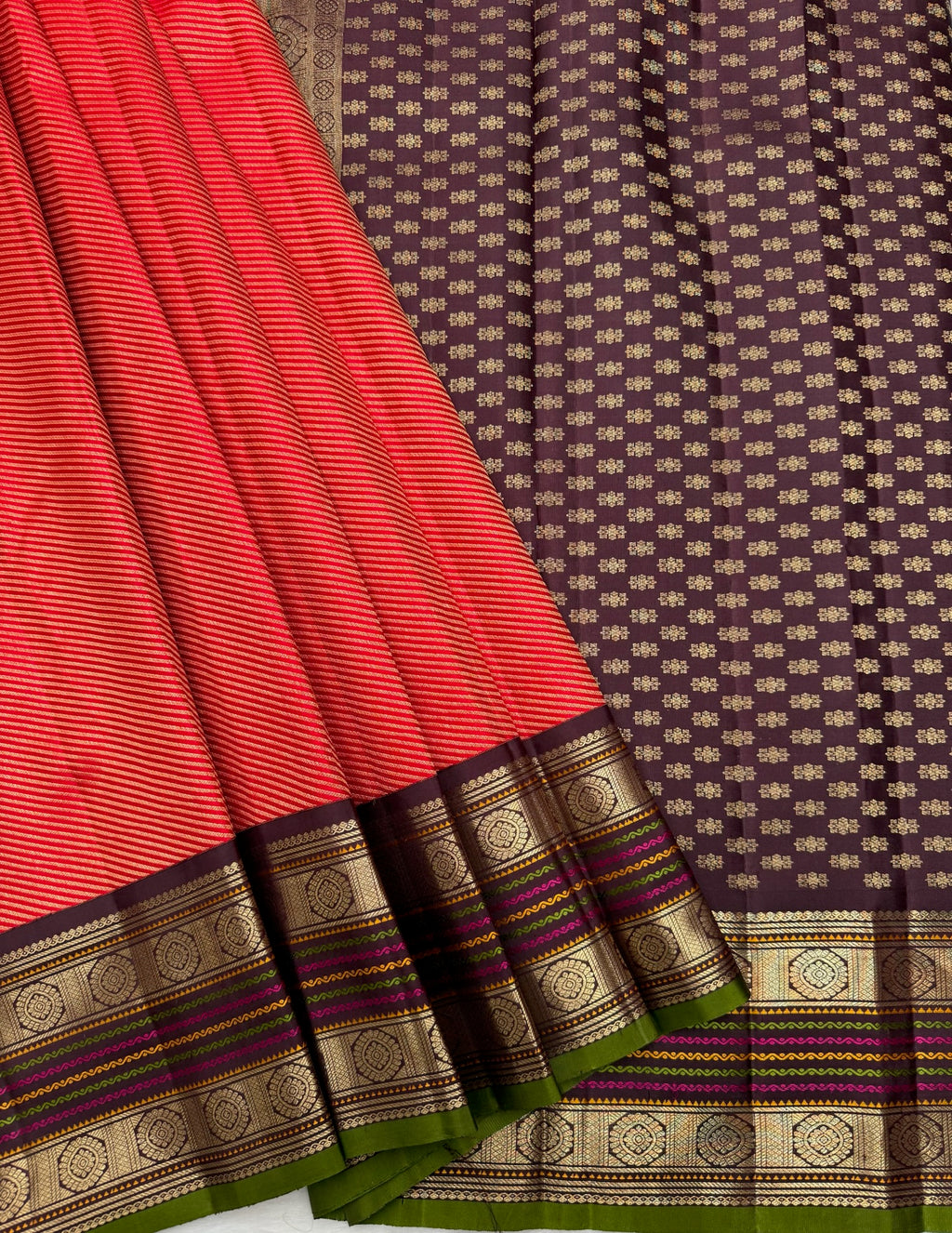 Chilli Red Vintage Kanjeevaram Saree with Crossectional lines & Rich Meena Border