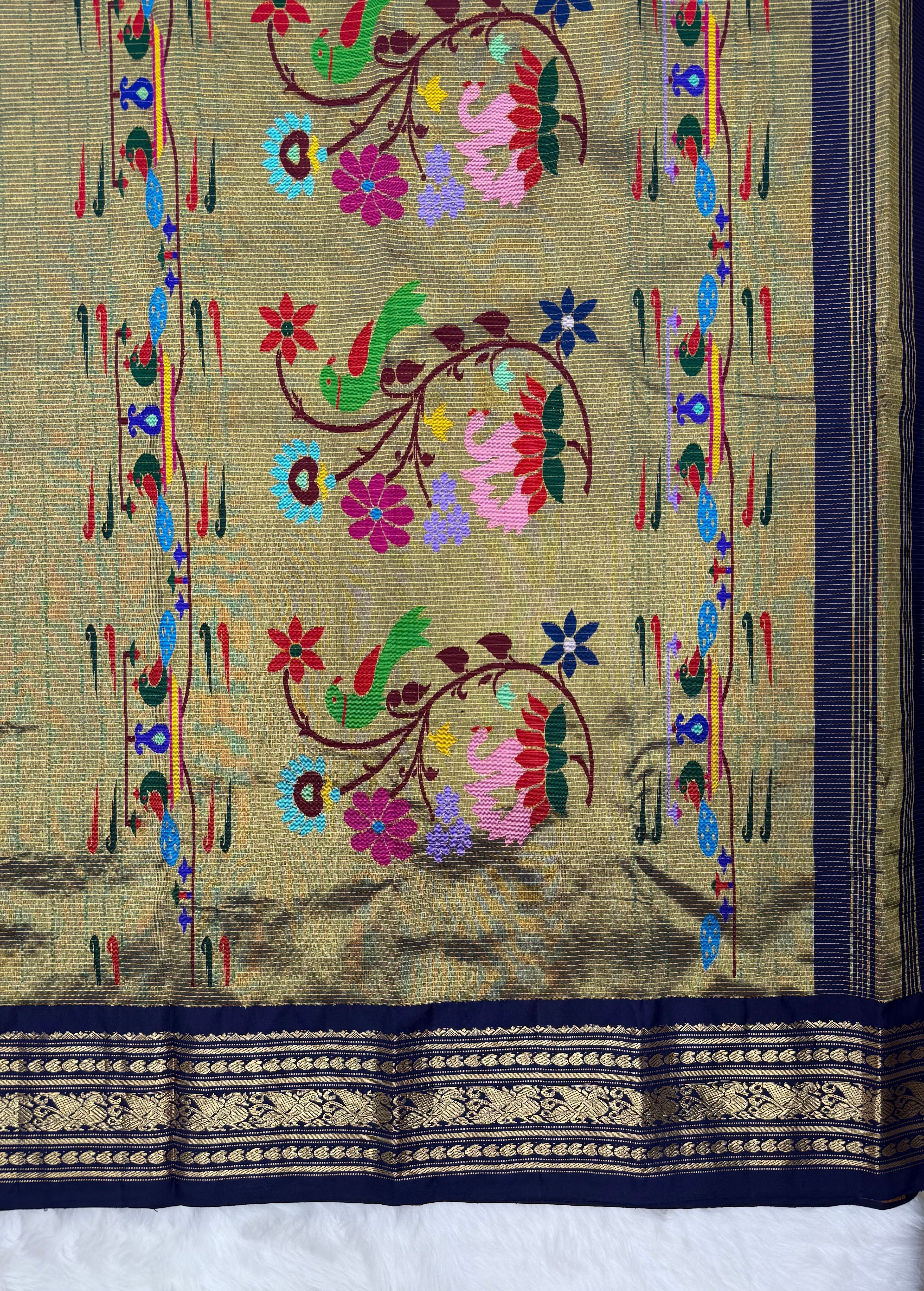Orange & Blue Korvai Kanjeevaram x Paithani Fusion Saree with Oosi lines
