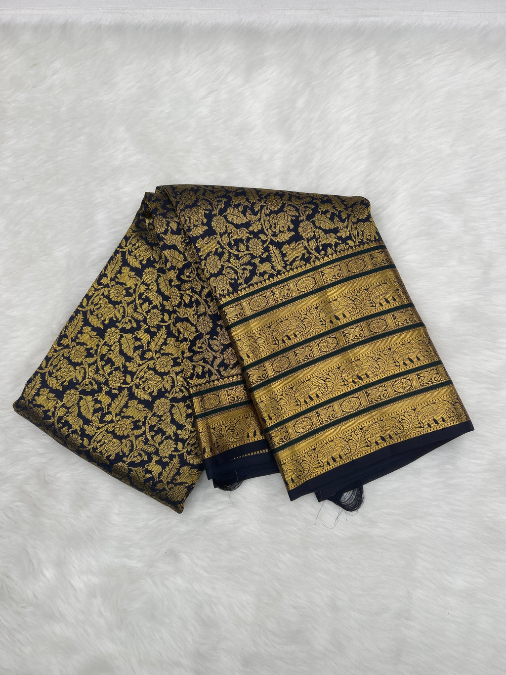 Dark Navy Blue Kanjeevaram silk Saree with Vanam Singaram and (Varisapet / Meena) Border