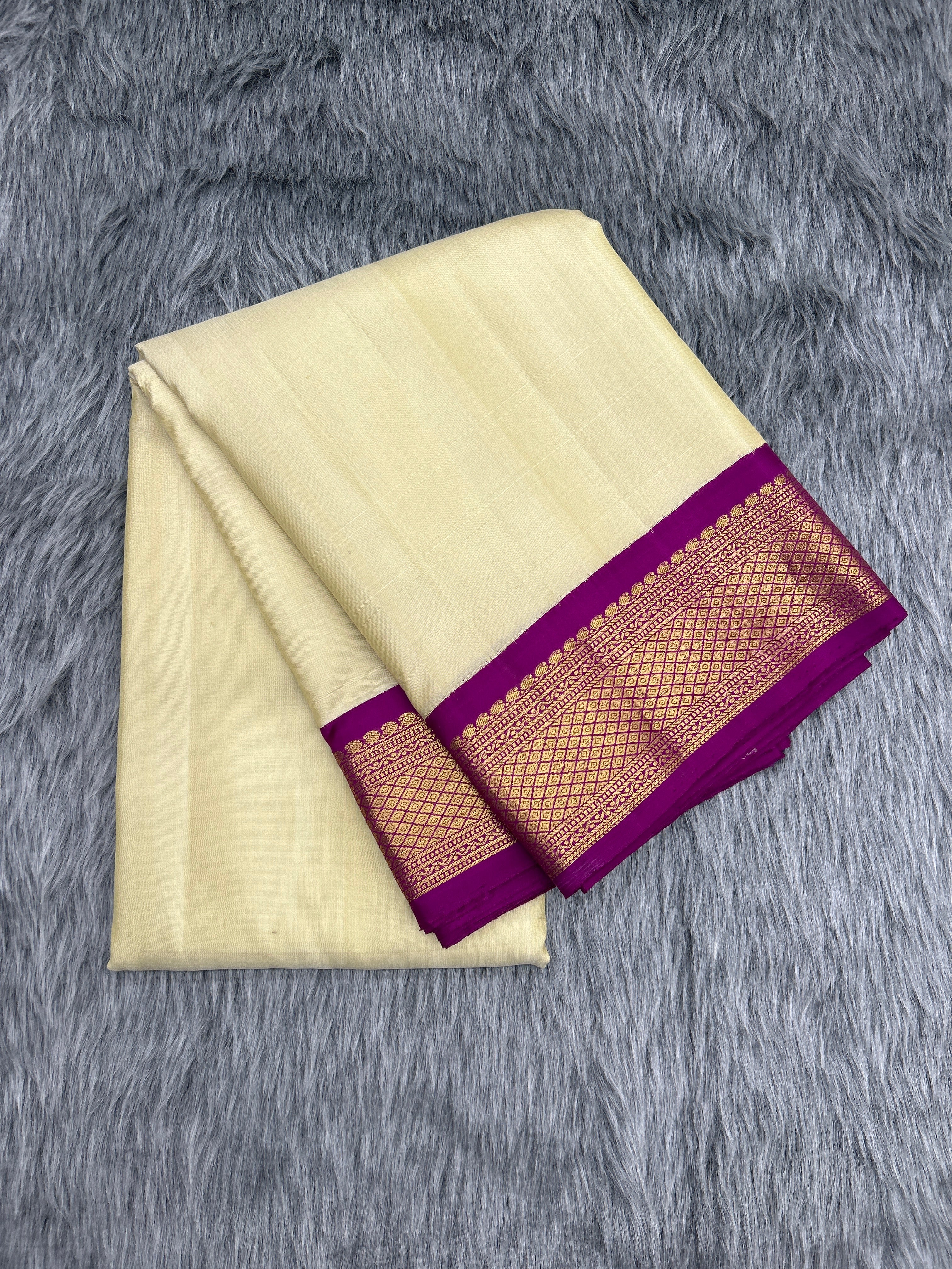 Golden beige with Purple Korvai border Handloom Dhoti & Kanduva