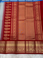 Powder Blue Grey Vintage Ganga - Jamuna Kanjeevaram Saree with Temple Kuttu Maroon & Ananda Blue Border