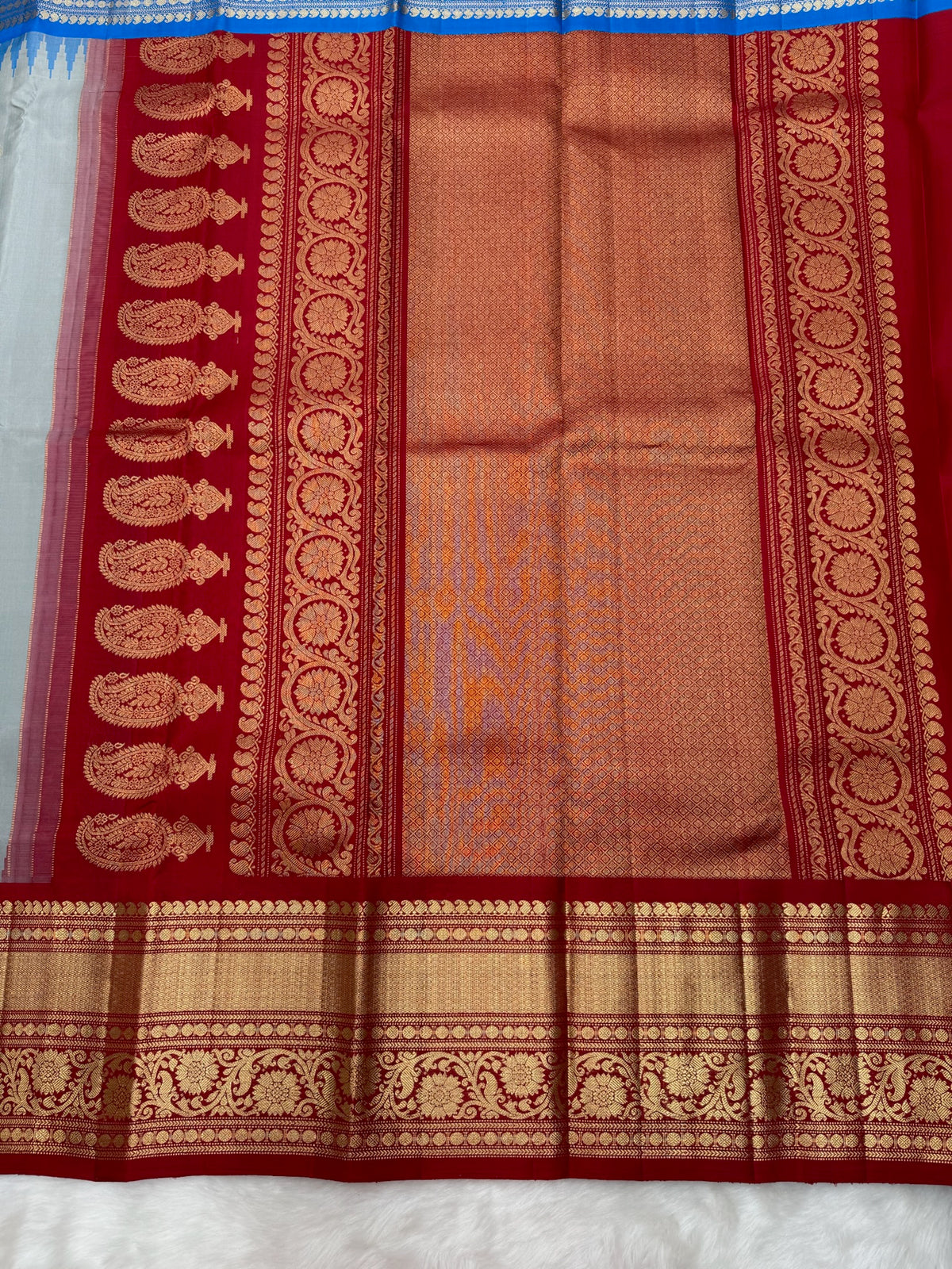 Powder Blue Grey Vintage Ganga - Jamuna Kanjeevaram Saree with Temple Kuttu Maroon & Ananda Blue Border