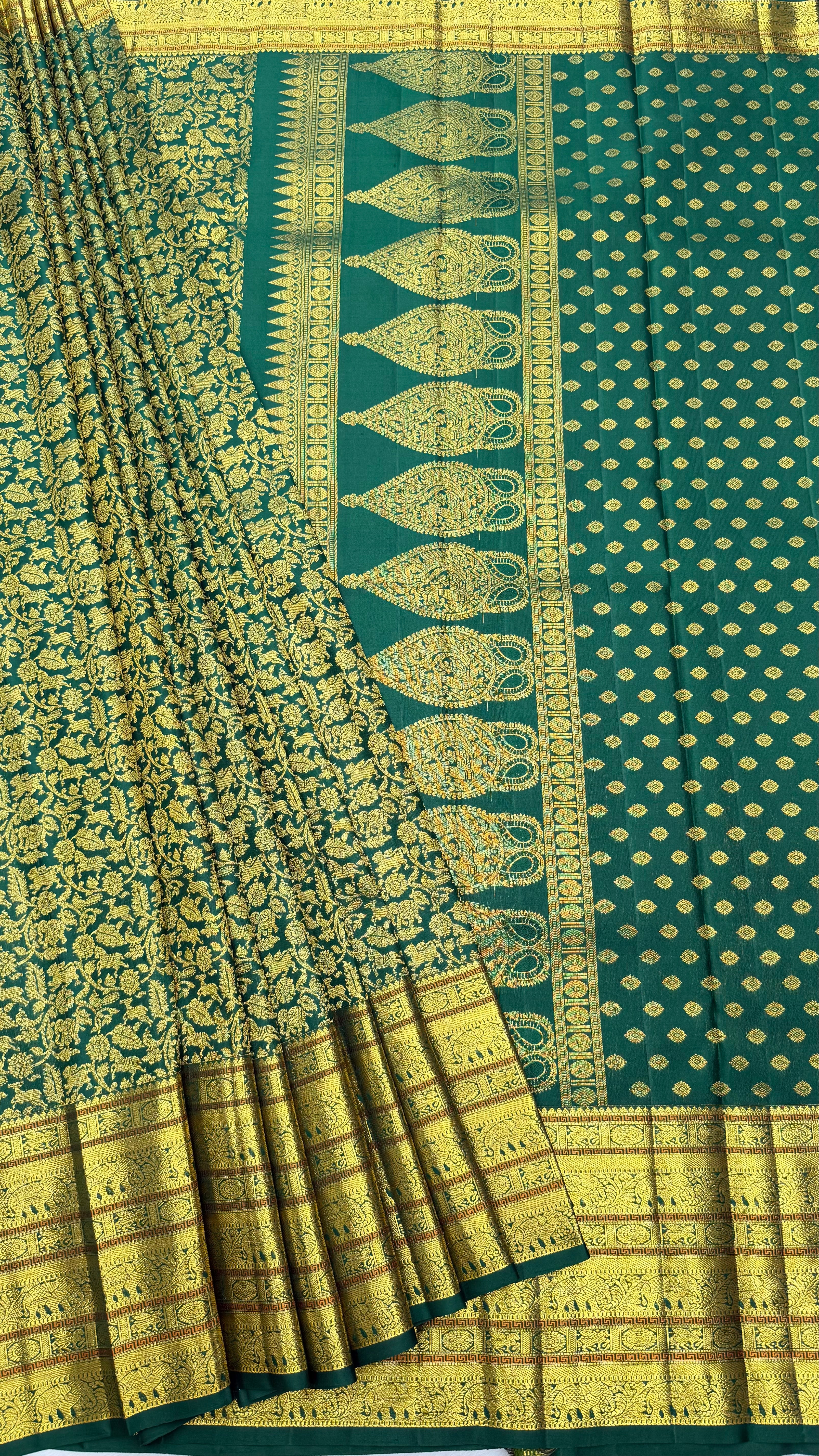Green Kanjeevaram silk Saree with Vanam Singaram and (Varisapet / Meena) Border