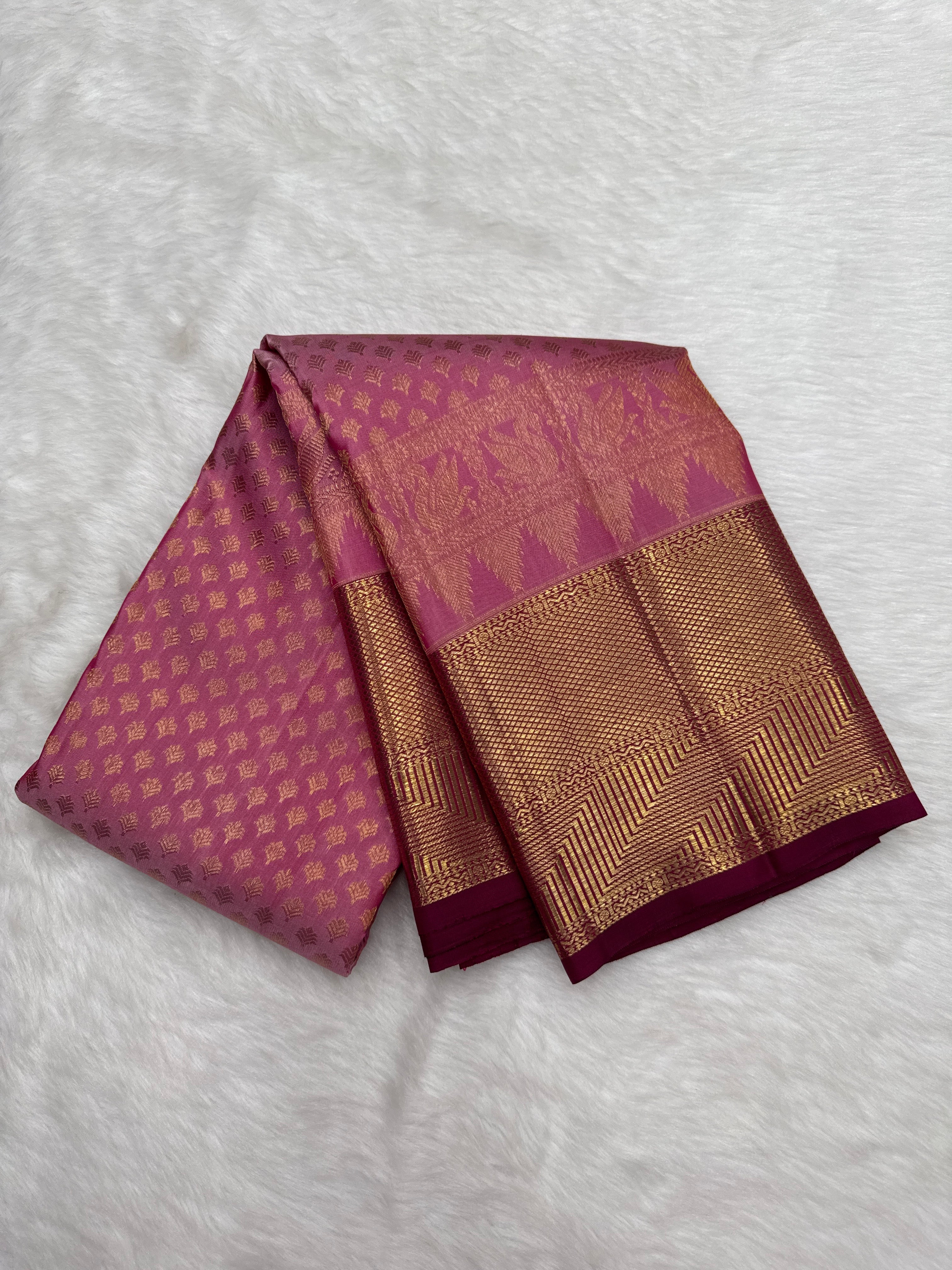 Onion Pink Brocade Kanjeevaram Saree with Maroon Korvai Border
