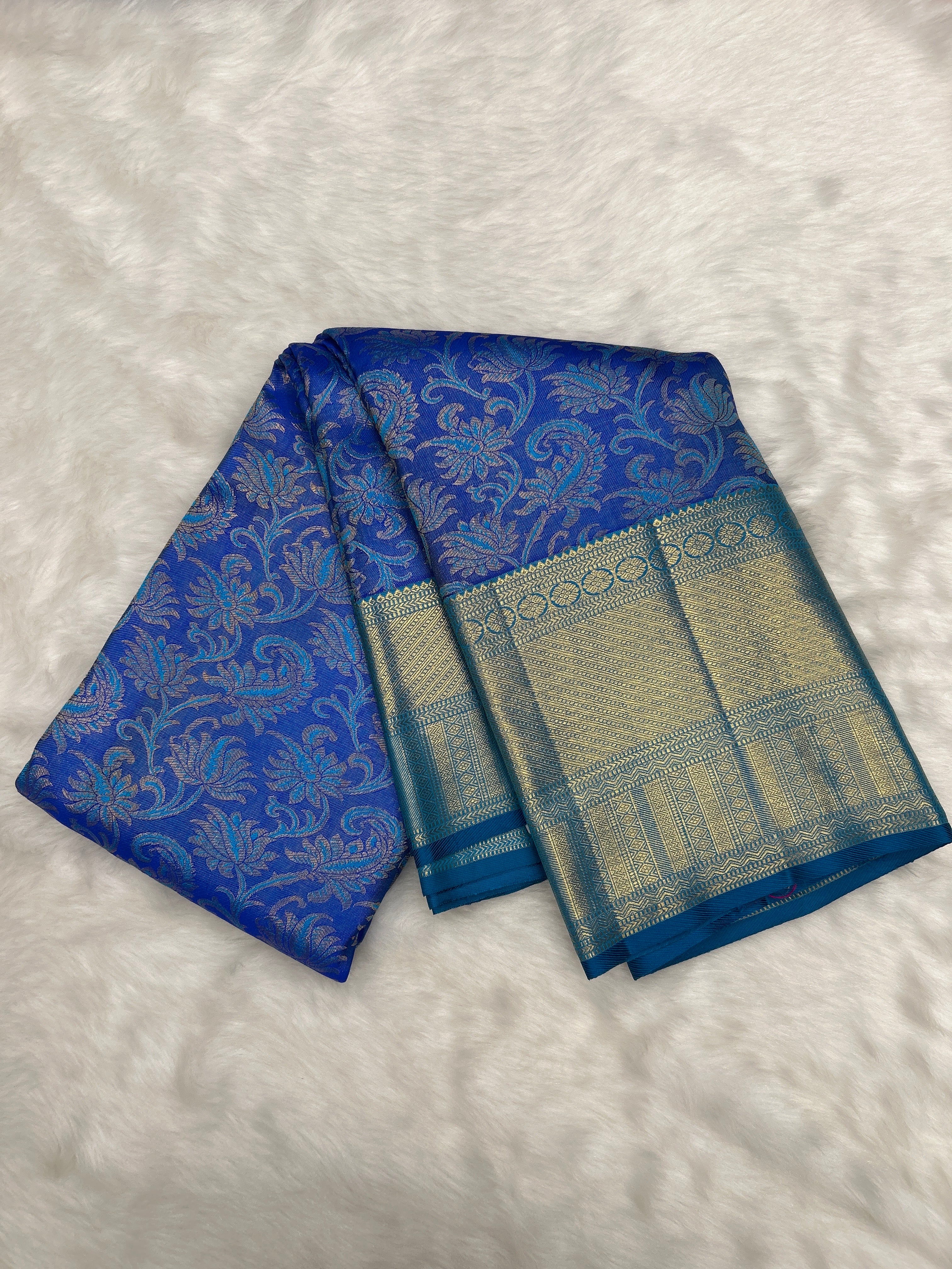 Royal Blue Kanjeevaram Brocade Silk Saree with all over Meenakari
