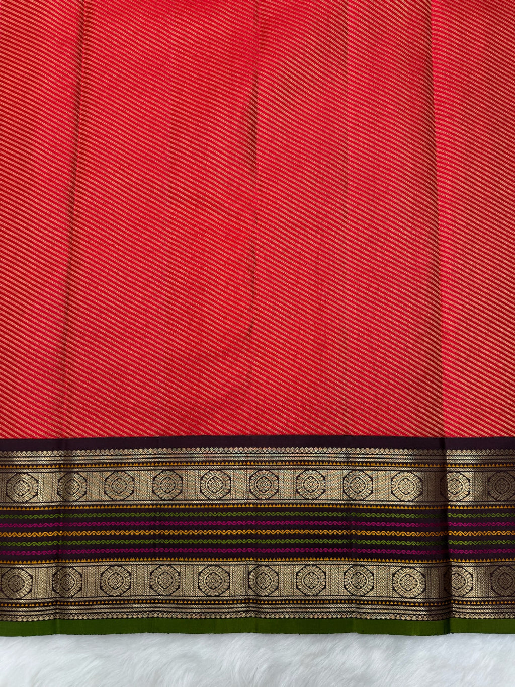 Chilli Red Vintage Kanjeevaram Saree with Crossectional lines & Rich Meena Border