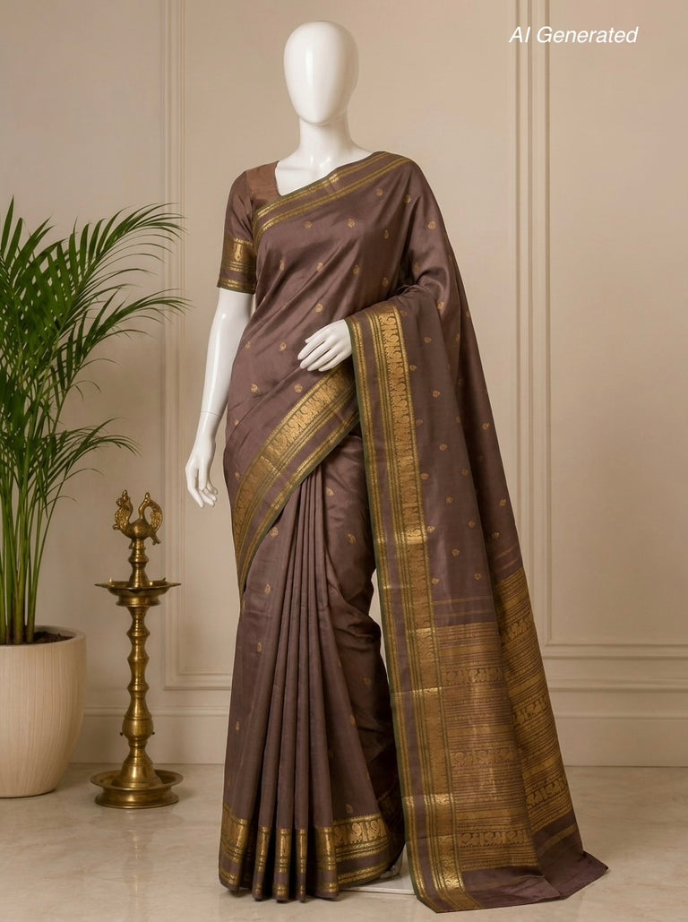 Metallic Vintage Kanjeevaram Silk Saree with Meena Gap Border