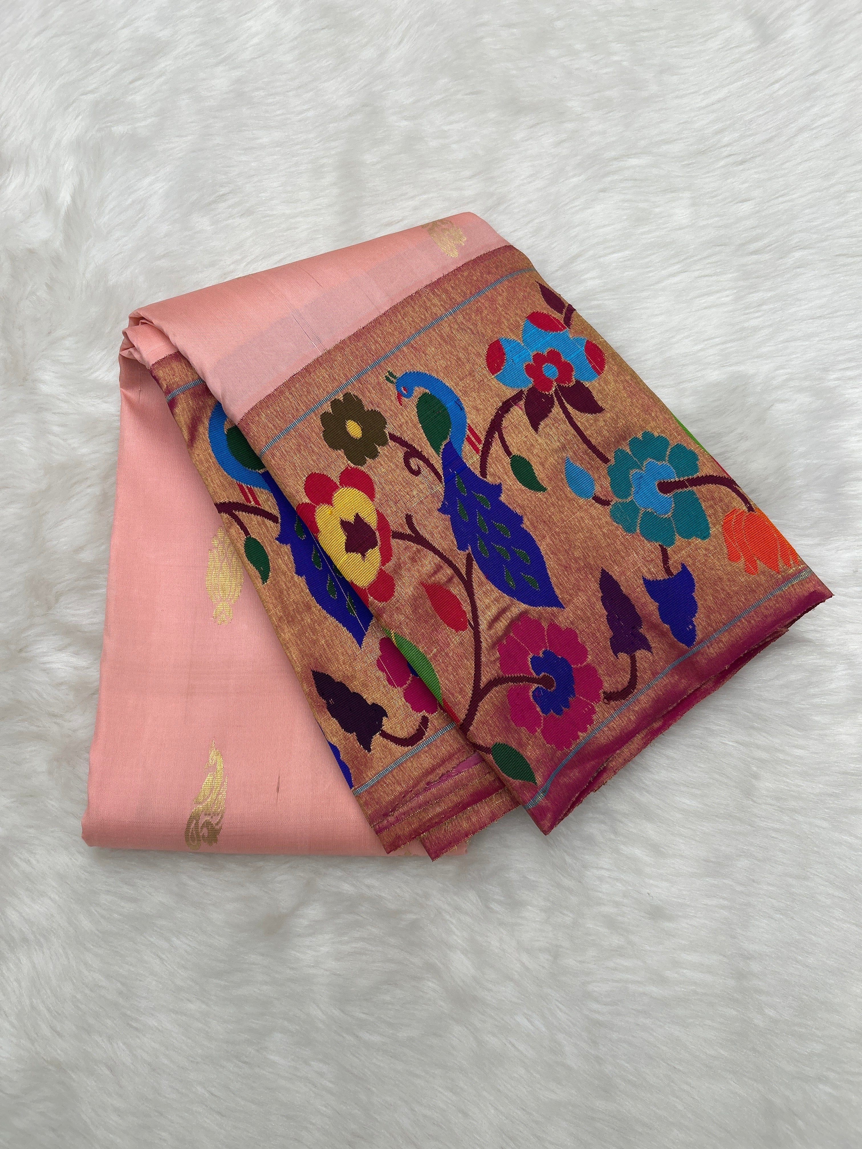Pastel Peach Kanjeevaram x Paithani Fusion Silk Saree with a Rich Meena Border