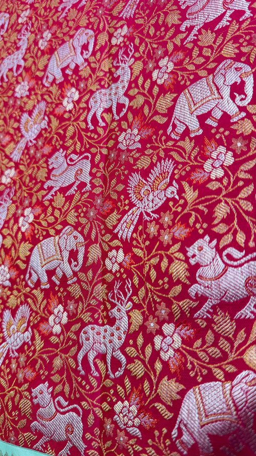 Cherry Red & Mint green Korvai Kanjeevaram Saree with traditional Vanam Singaram Brocade on Body