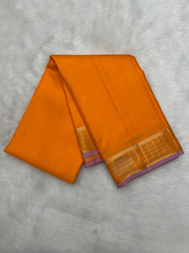 Orange Vintage Kanjeevaram Saree with a Checks Border & Lavender Edge Border