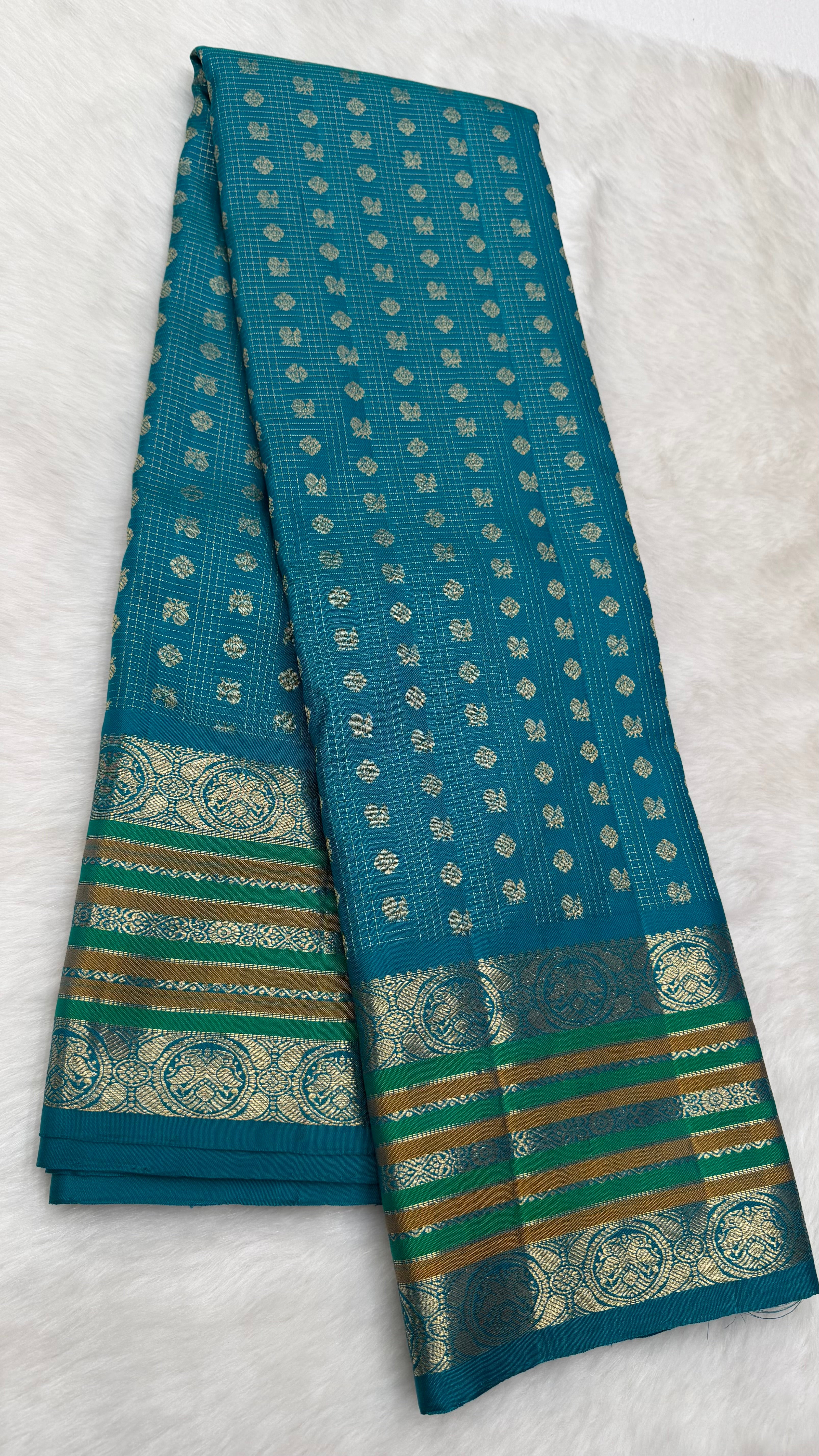 Rama Blue Vintage Kanjeevaram silk saree with Oosi Checks and (Varisapet / Meena) Border