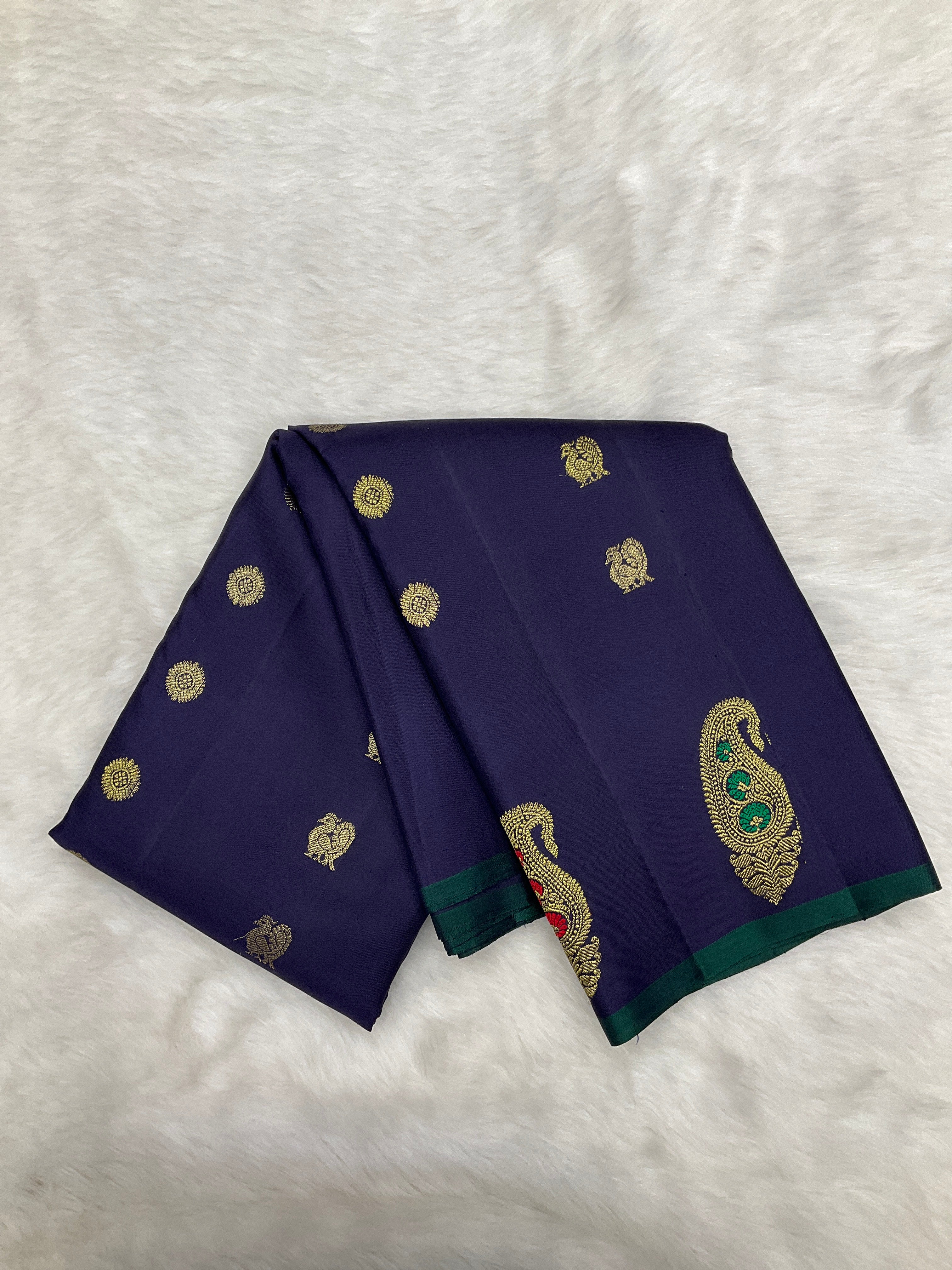 Navy blue Borderless Kanjeevaram Saree with Meenakari mango skirt buttas