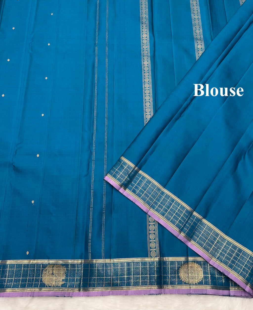 Metallic Blue Vintage Kanjeevaram Saree with a Checks Border & Lavender Edge Border