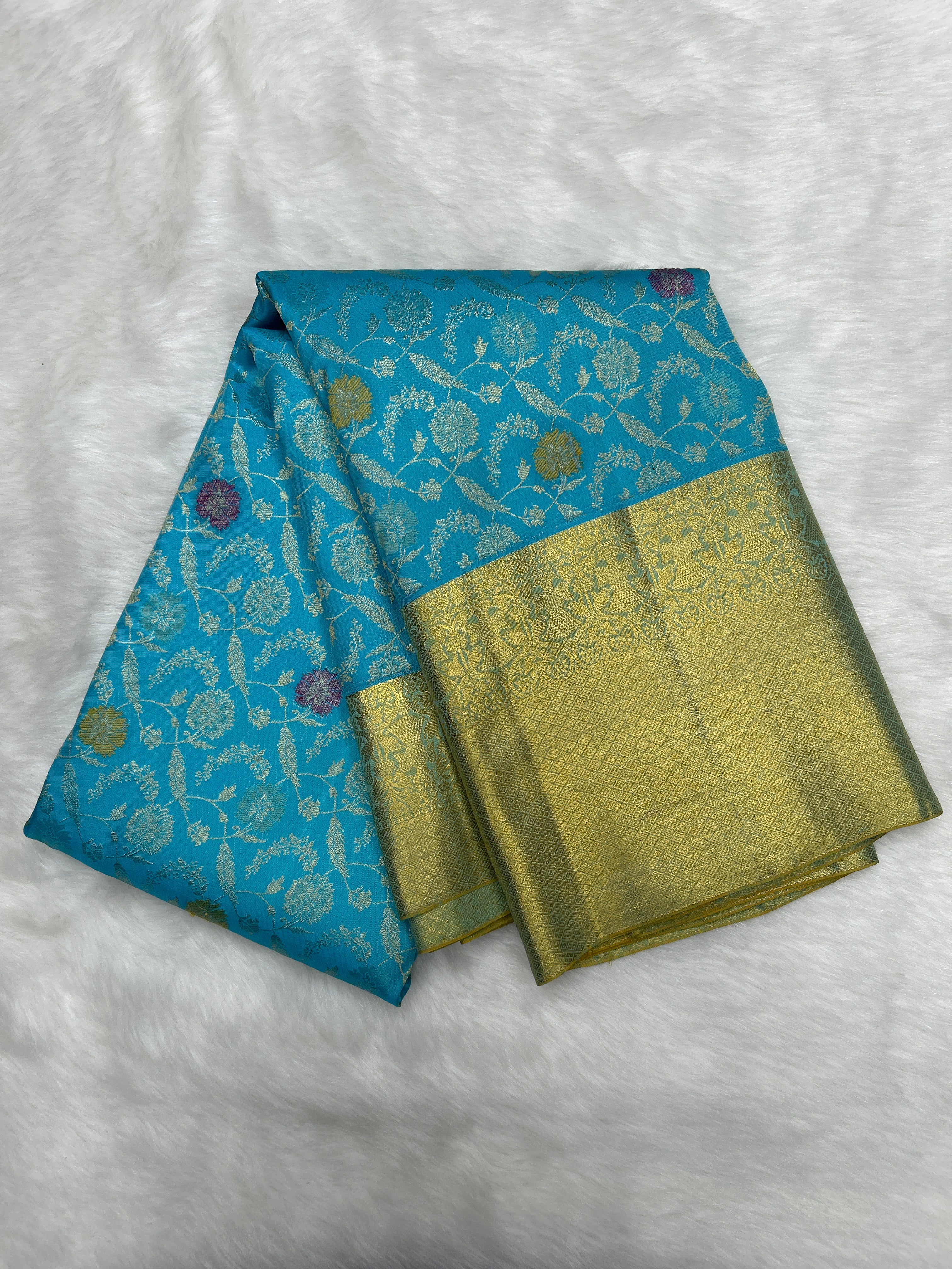 Sky Blue Kanjeevaram silk saree with Brocade and Meena buttas