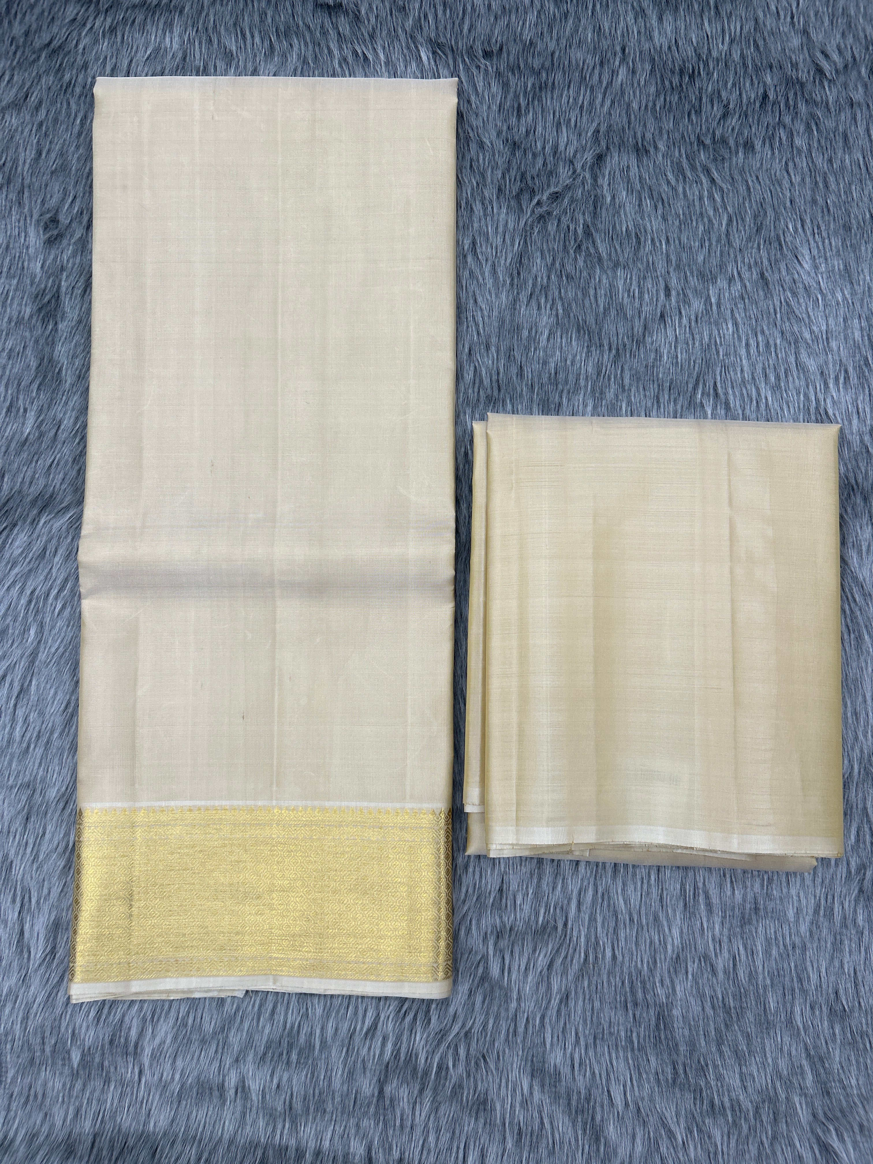 Wheatish Gold Handloom Dhoti,Kanduva & Shirt/Kurta piece (3 pc Set)