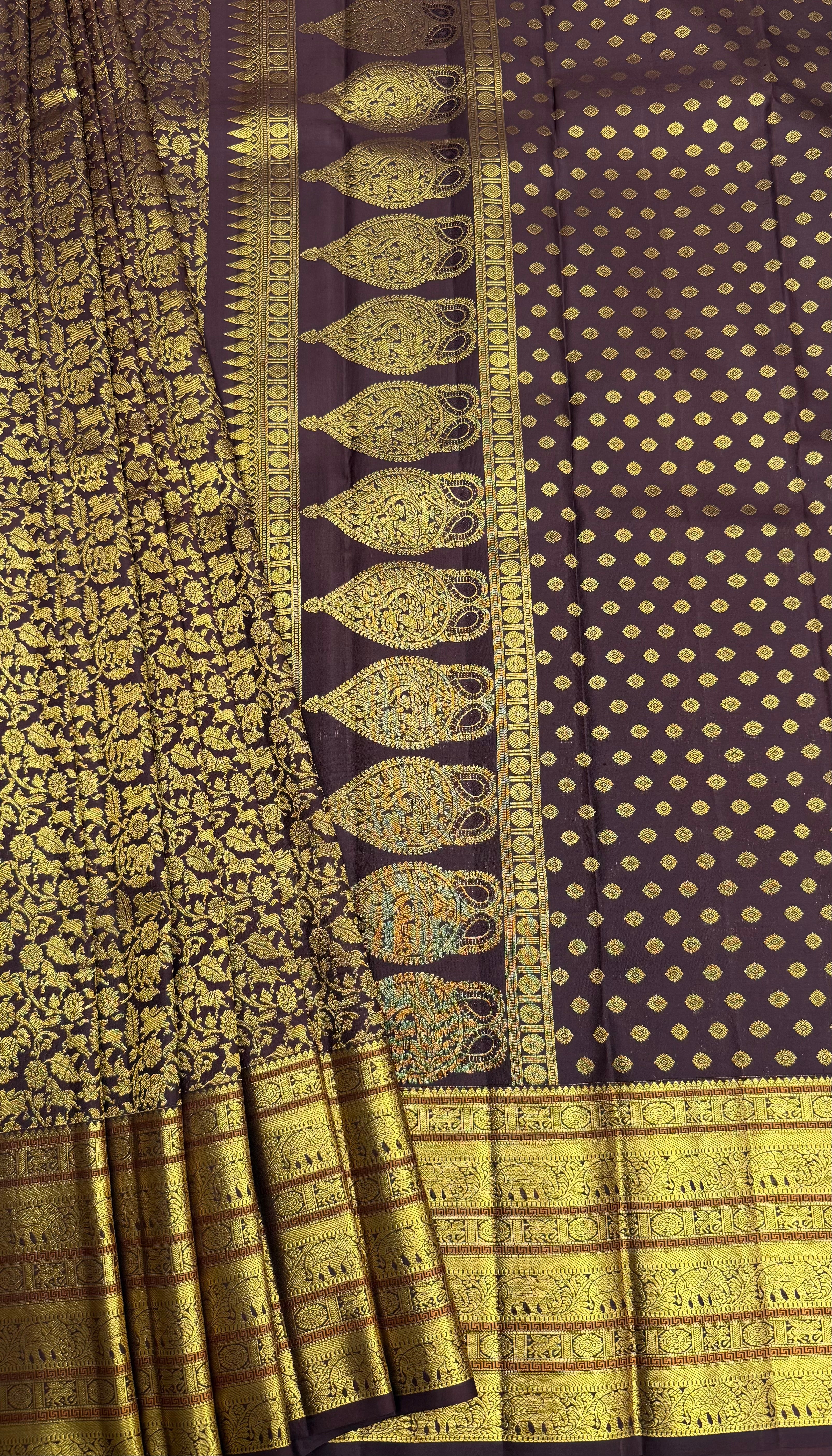 Rich Maroon Kanjeevaram silk Saree with Vanam Singaram and (Varisapet / Meena) Border