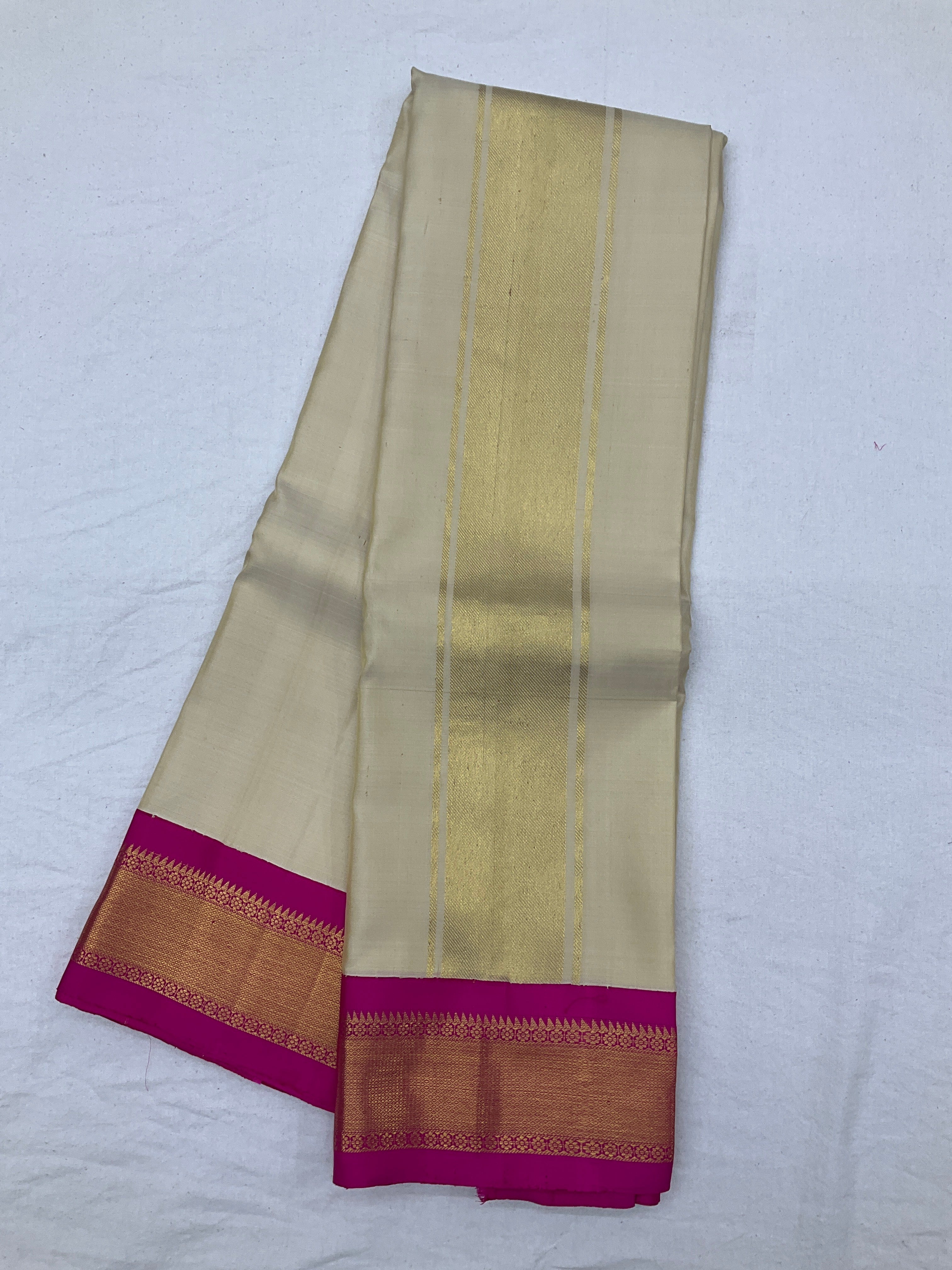 Ivory Cream and Pink Korvai Border  Dhothi & Kanduva