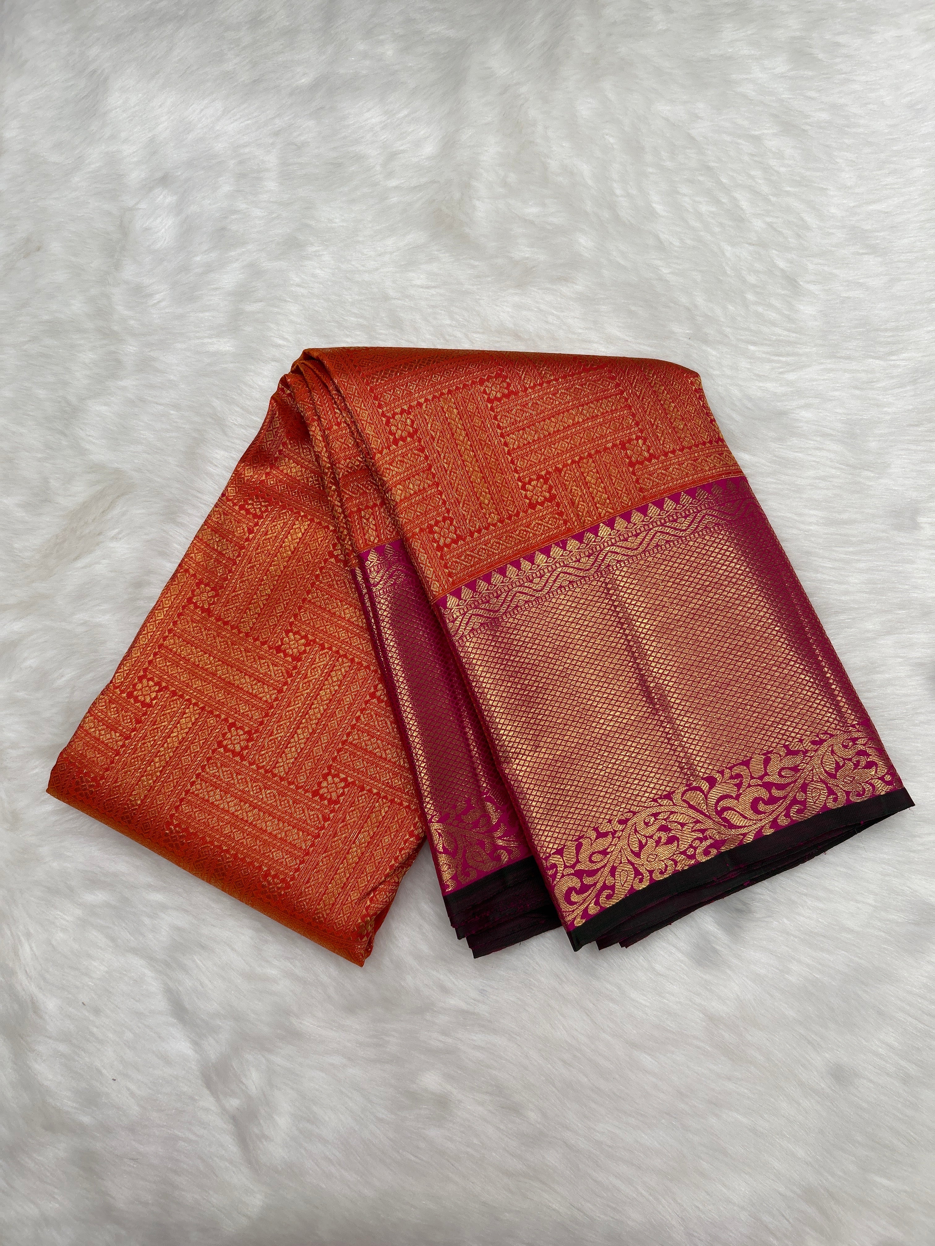 Burnt Orange Borcade Kanjeevaram Silk Saree with Pink Traditional Border