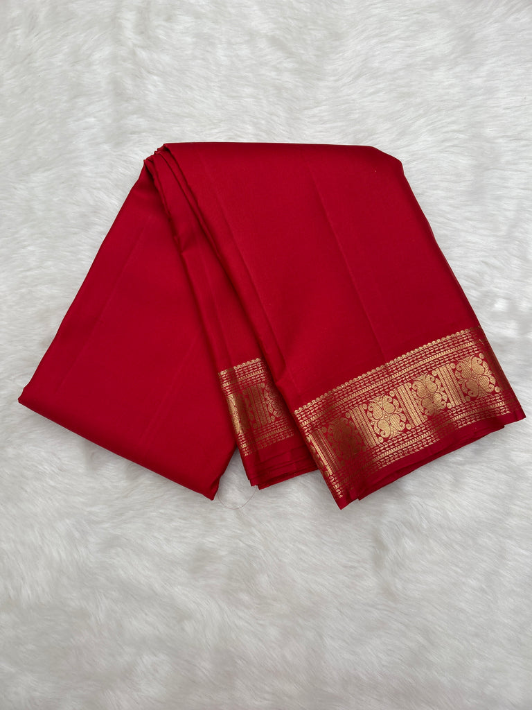 Bright Red Vintage Plain Kanjeevaram Saree with Long Pallu & Small Border