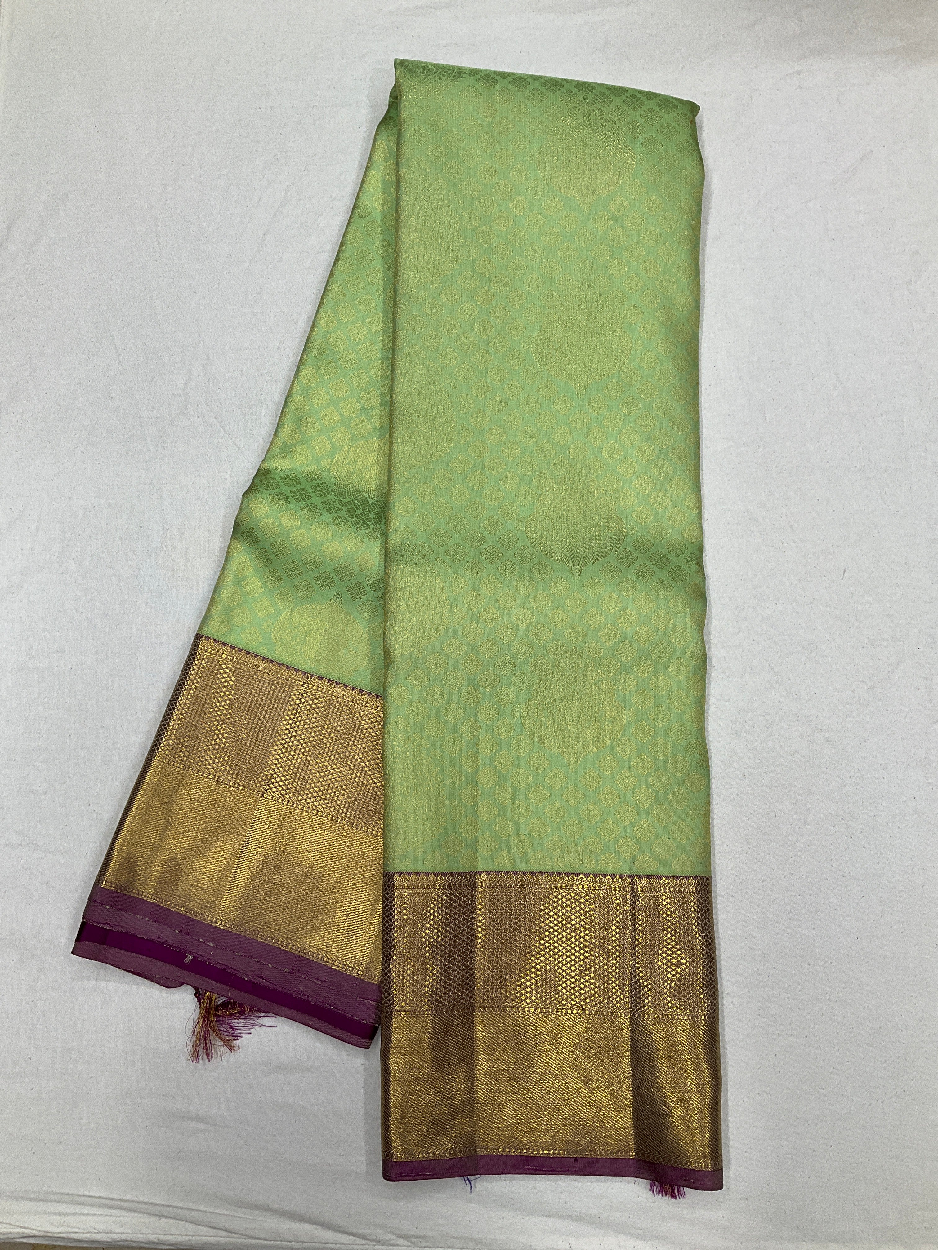 Pista Green Brocade Kanjeevaram Silk Saree with Deep Plum & Zari Border