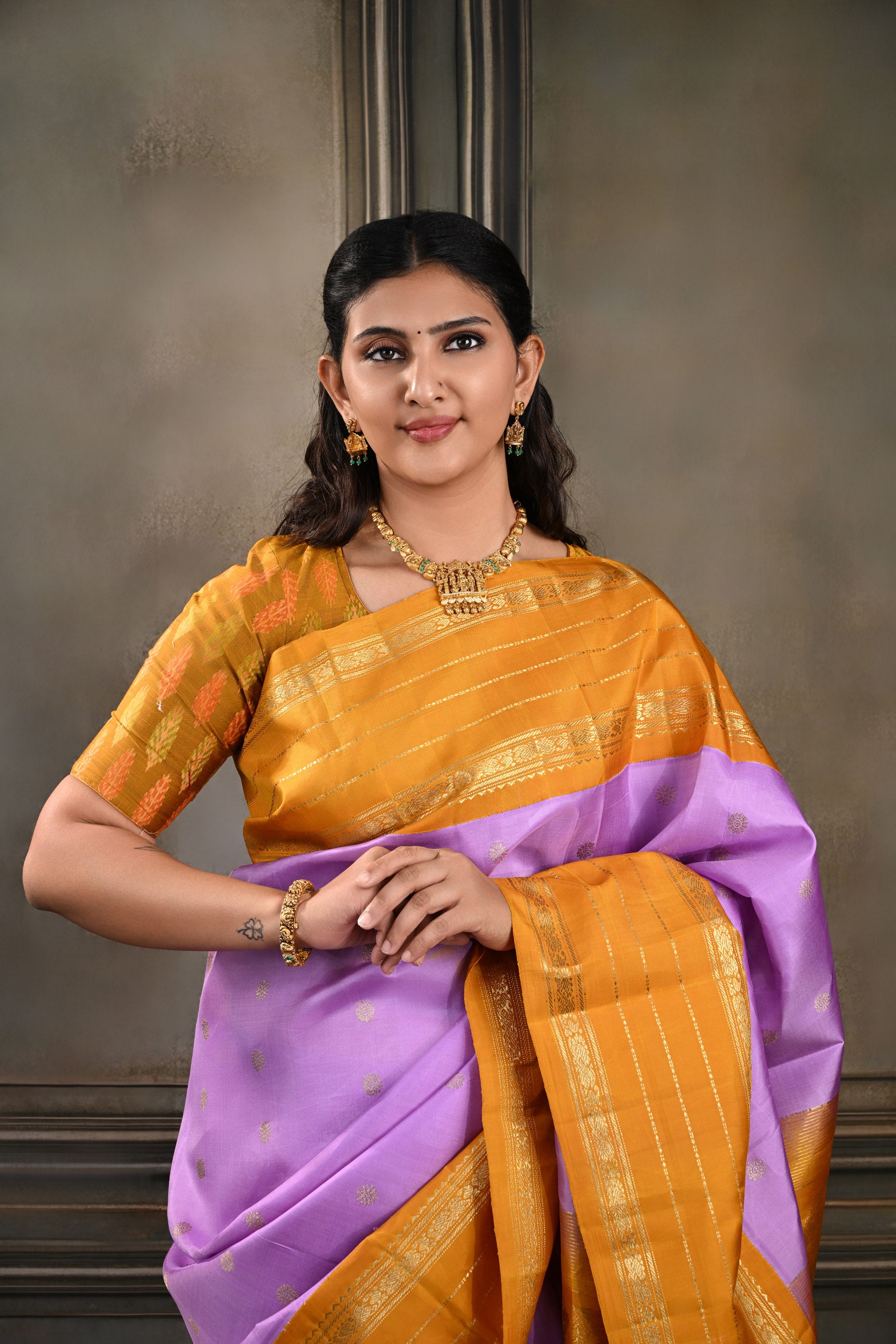 Lilac & Orange Korvai Vintage Kanjeevaram Saree