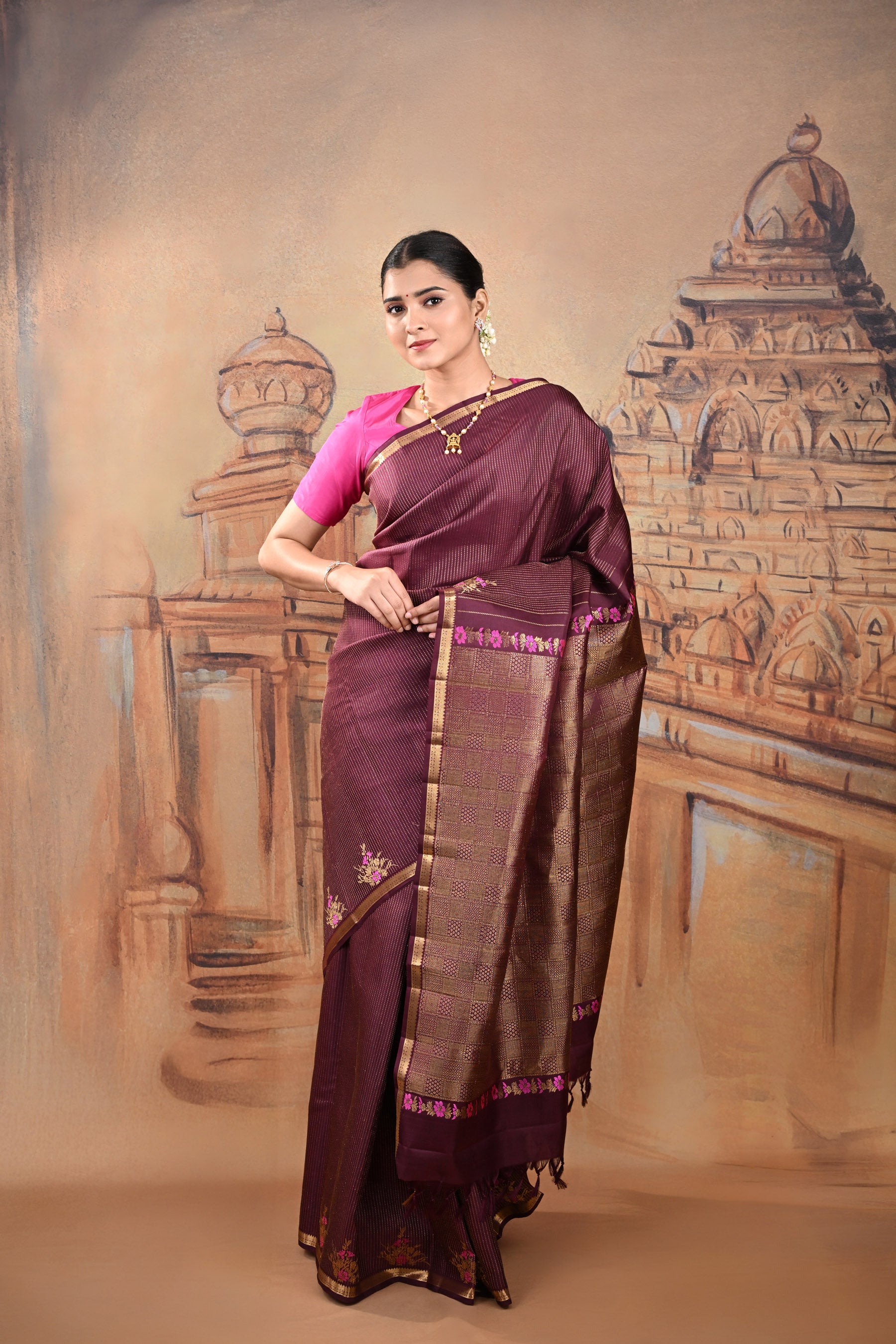 Deep Plum Vintage Kanjeevaram saree with vertical zari lines & Meenakari motifs