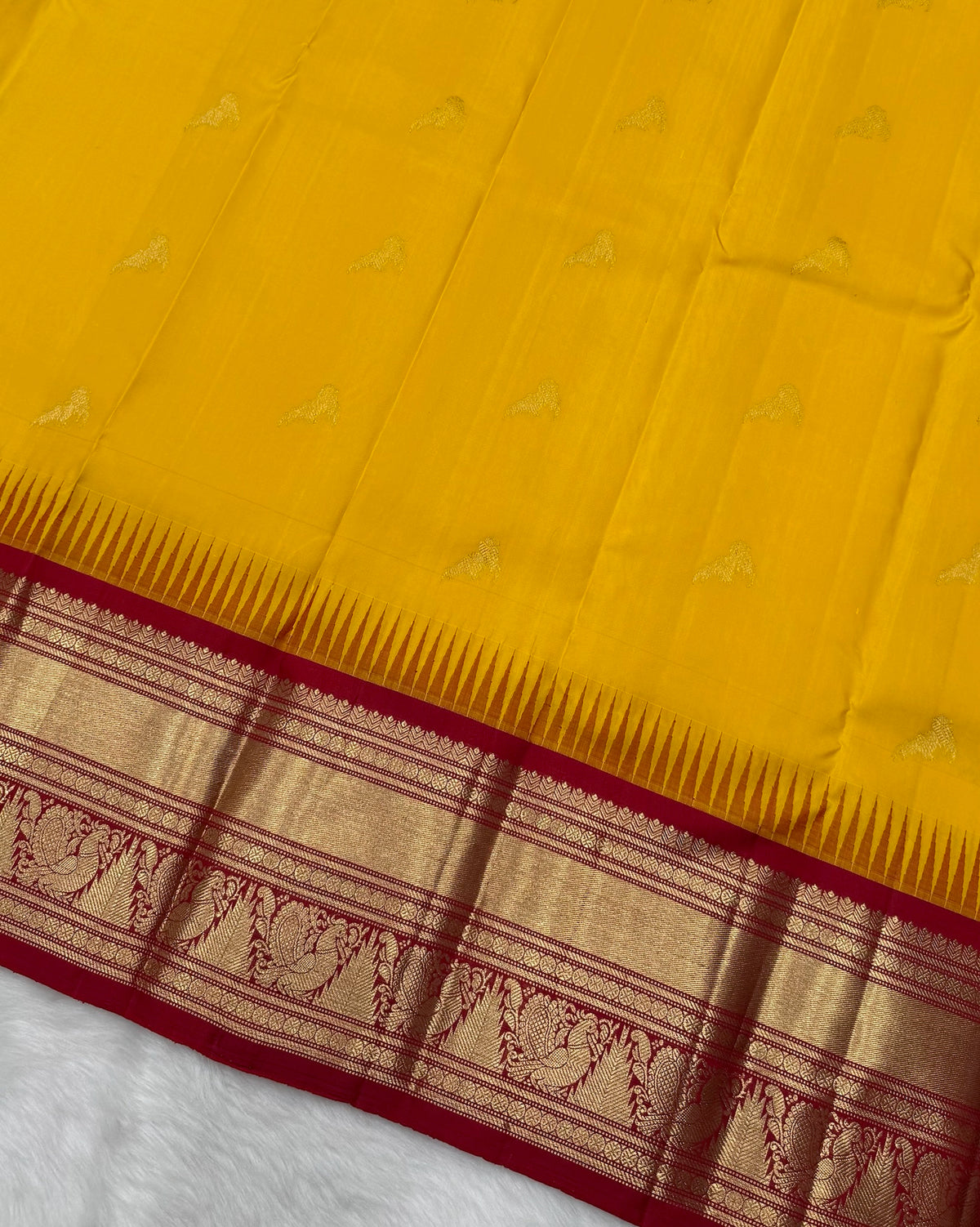 Mambalam Yellow Vintage Ganga - Jamuna Kanjeevaram Saree with Temple Kuttu Maroon & Ananda Blue Border