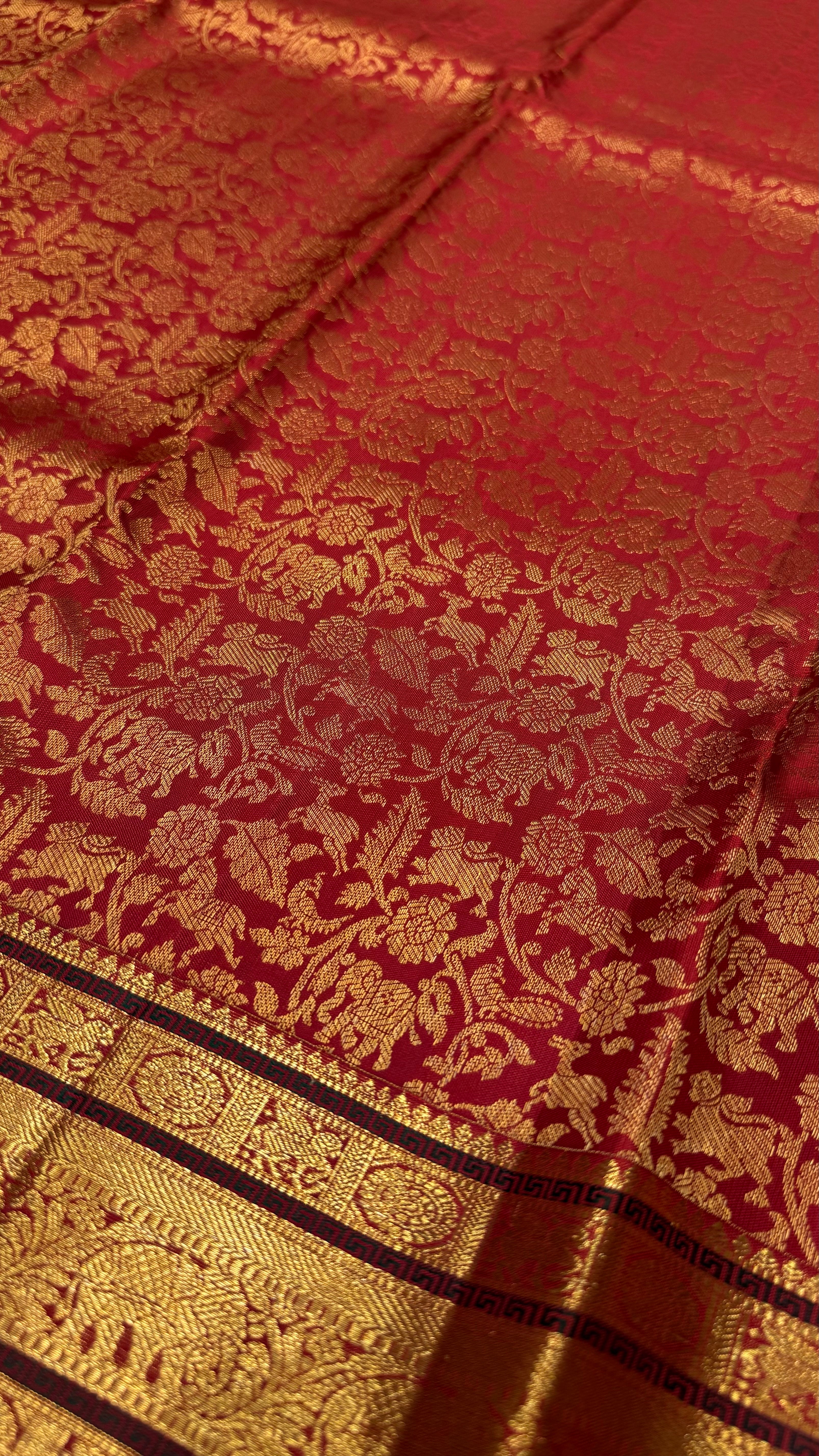 Bright Rust Kanjeevaram silk Saree with Vanam Singaram and (Varisapet / Meena) Border