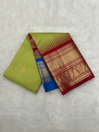 Pista Green Vintage Ganga - Jamuna Kanjeevaram Saree with Temple Kuttu Maroon & Ananda Blue Border