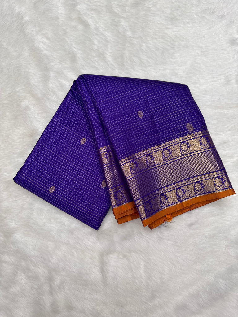 Dark Ink Blue Checks Vintage Kanjeevaram Saree with Orange Edge Contrast Border