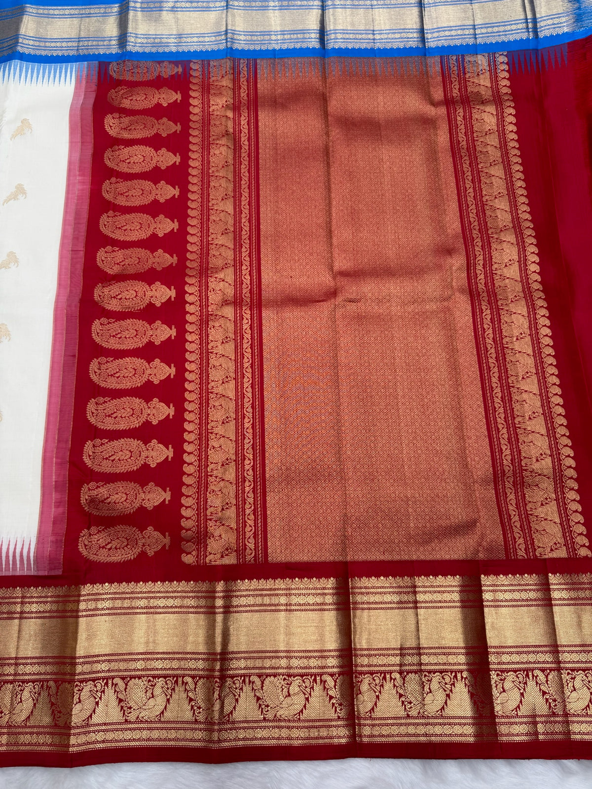 Half White Vintage Ganga - Jamuna Kanjeevaram Saree with Temple Kuttu Maroon & Ananda Blue Border