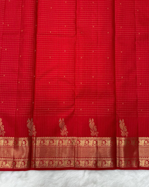 Chilli Red Checks Vintage Kanjeevaram Saree with Skirt Peacock Motif