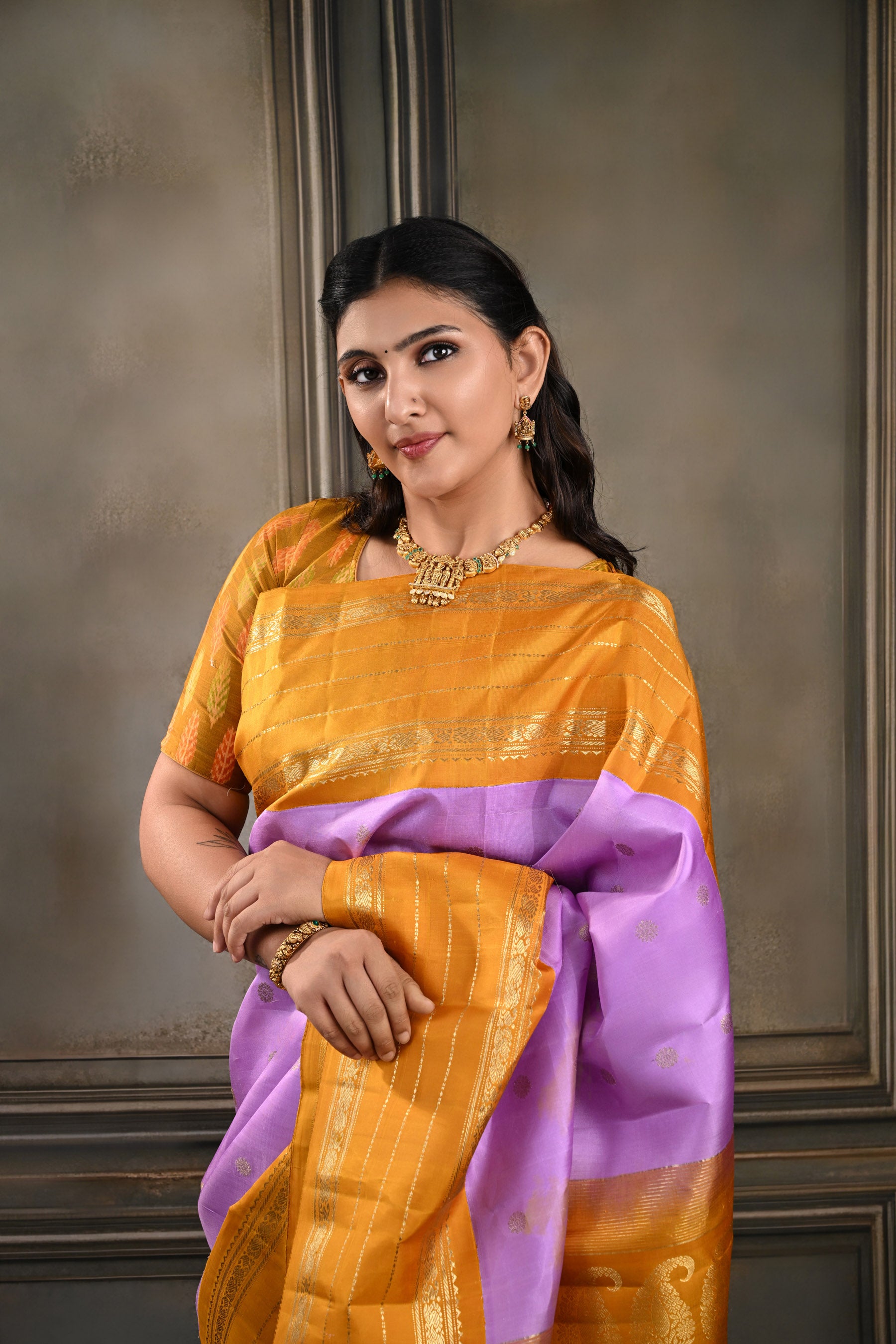 Lilac & Orange Korvai Vintage Kanjeevaram Saree