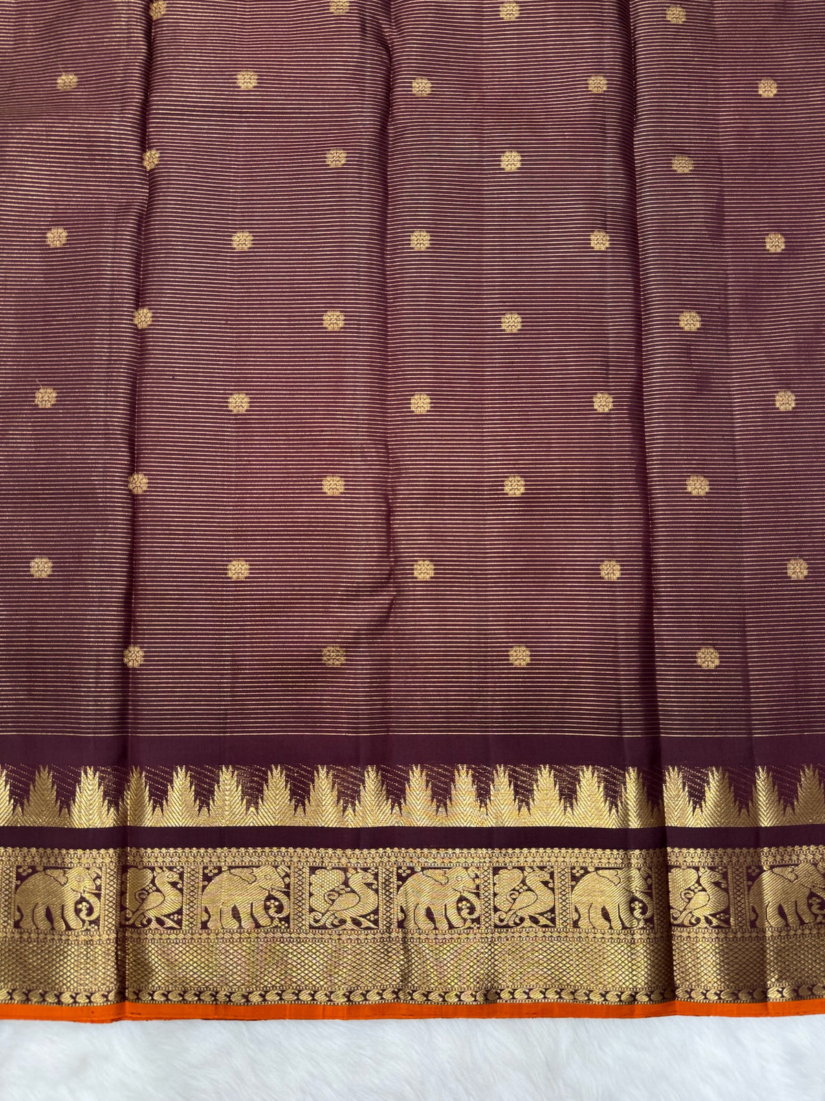 Brown Vintage Vairaoosi Kanjeevaram Saree with a Skirt Temple & Traditional Border (Rust Edge Border)