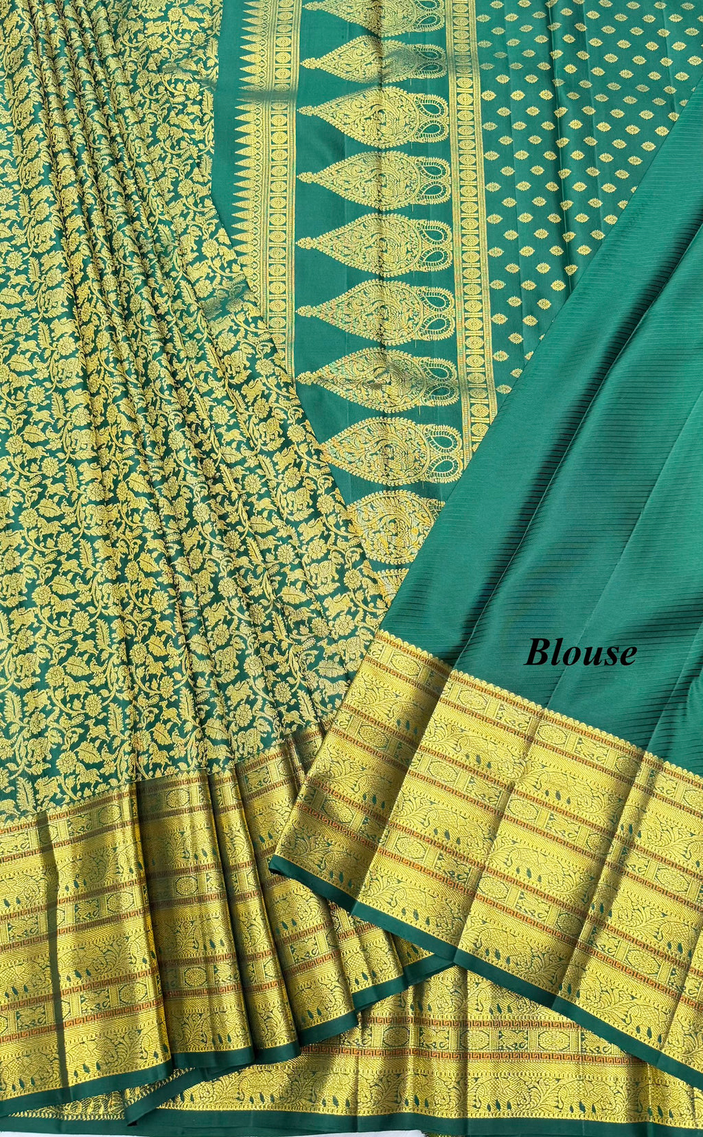 Green Kanjeevaram silk Saree with Vanam Singaram and (Varisapet / Meena) Border