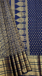Dark Navy Blue Kanjeevaram silk Saree with Vanam Singaram and (Varisapet / Meena) Border