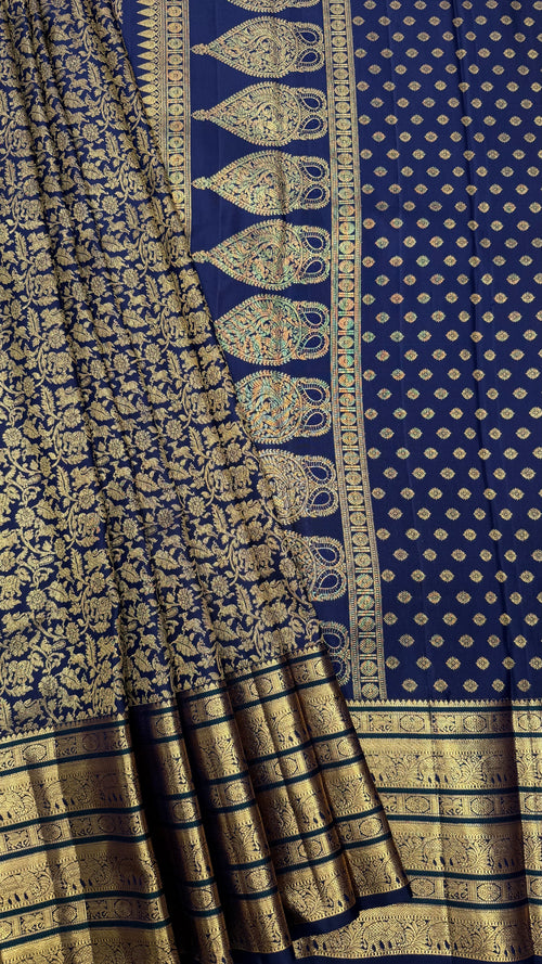 Dark Navy Blue Kanjeevaram silk Saree with Vanam Singaram and (Varisapet / Meena) Border