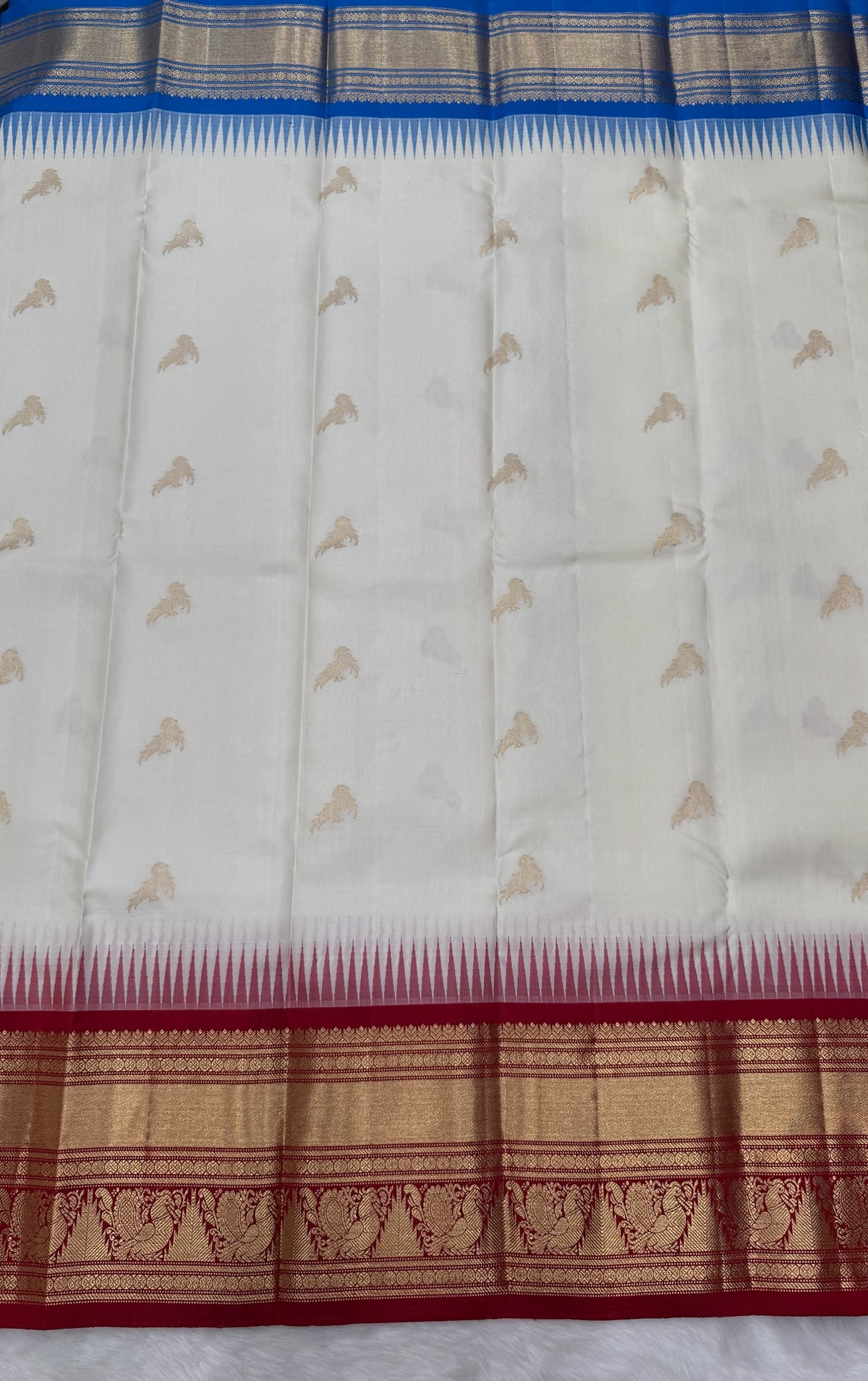 Half White Vintage Ganga - Jamuna Kanjeevaram Saree with Temple Kuttu Maroon & Ananda Blue Border